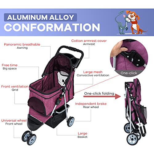 Pet Stroller, Dog Stroller Wheels Carrier Strolling Cart Waterproof Travel Folding Cart for Puppy Small-Medium Dog, Cat with Cup Holder, Locking Wheel (Purple)
