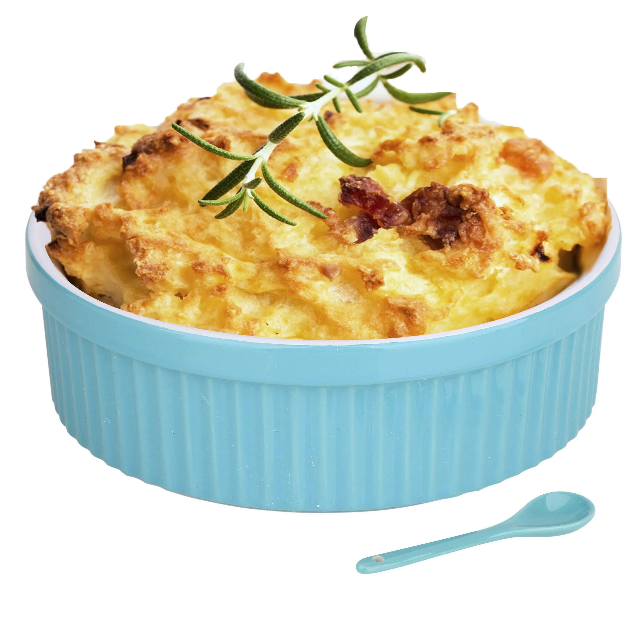 Souffle Dish Ramekins for Baking - 48 Oz, 1 Quart Large Ceramic Oven Safe Round Fluted Bowl with Mini Condiment Spoon for Souffl√© Pot Pie Casserole Pasta Roasted Vegetables Desserts (Aq