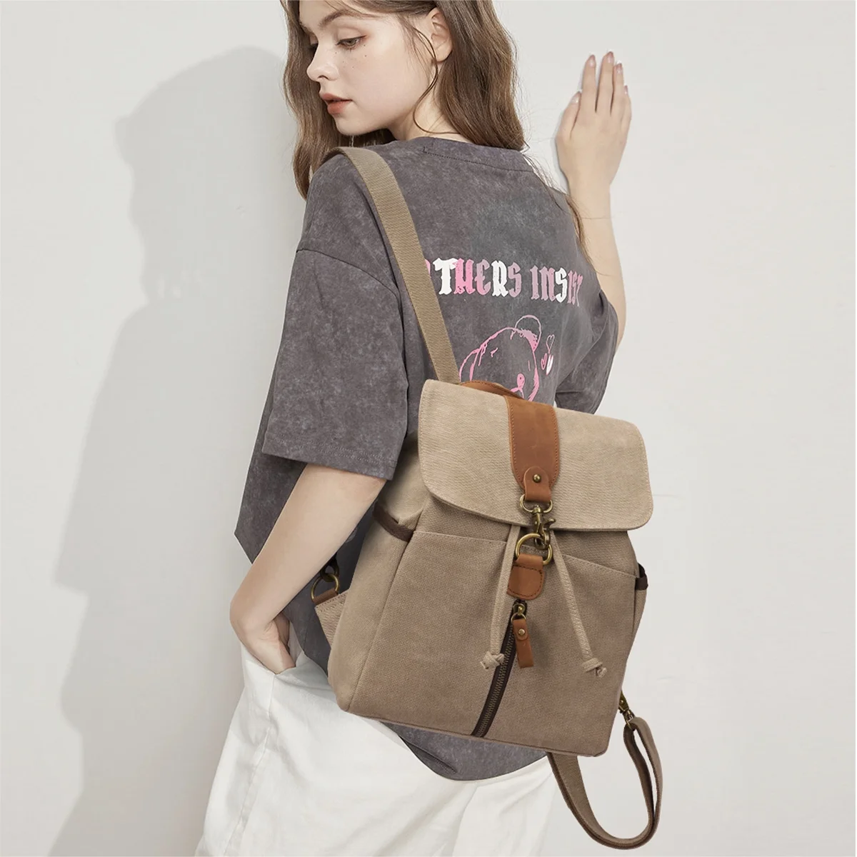 KL928 Vintage Canvas Backpack Outdoor Travel Hiking Rucksack School Bookbags for Men Women(Khaki)