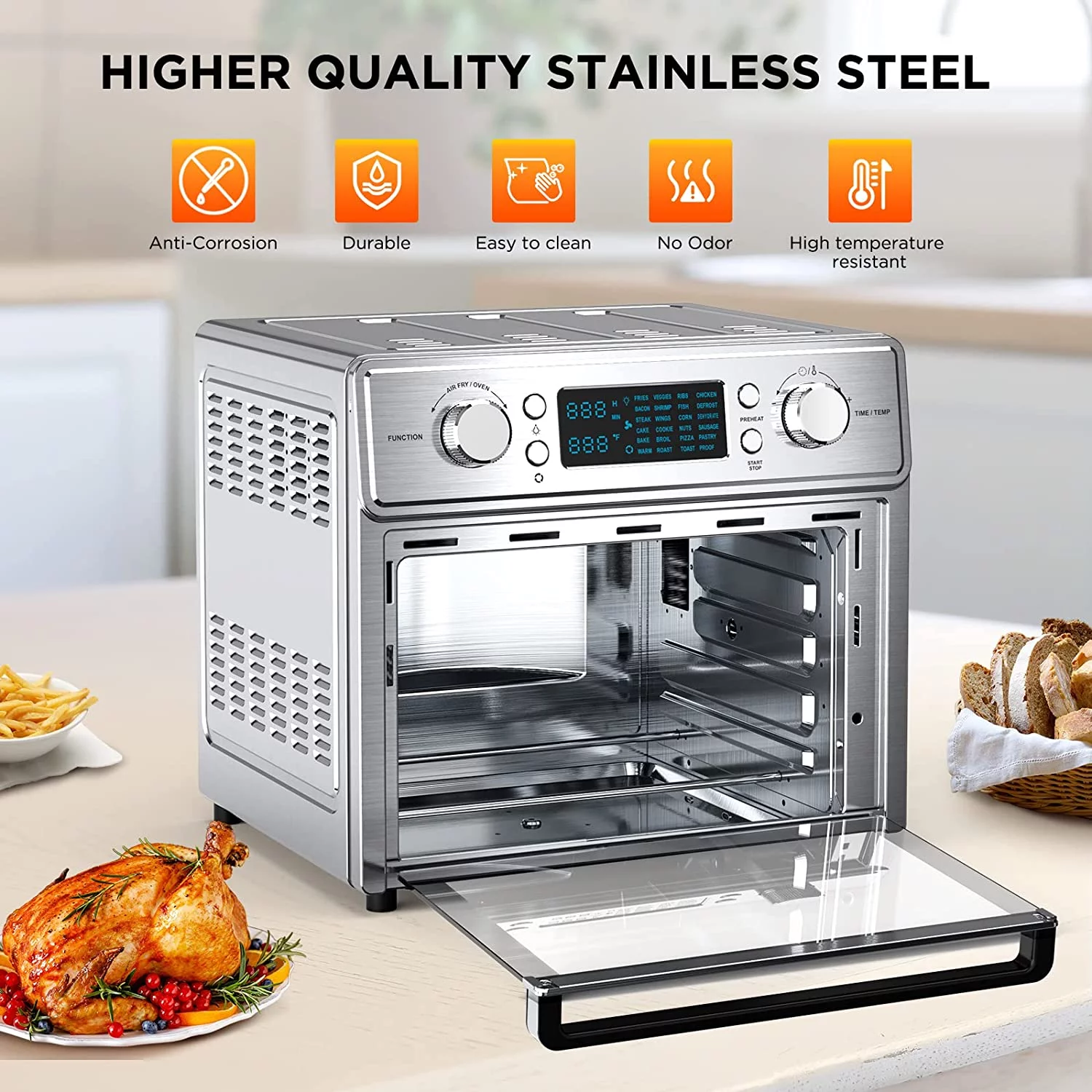 HomeRusso 24-in-1 Air Fryer Oven, 26.3 Quart Large Convection Toaster Oven Countertop Stainless Steel with Rotisserie and Food Dehydrator, 10 Accessories and Recipe Included