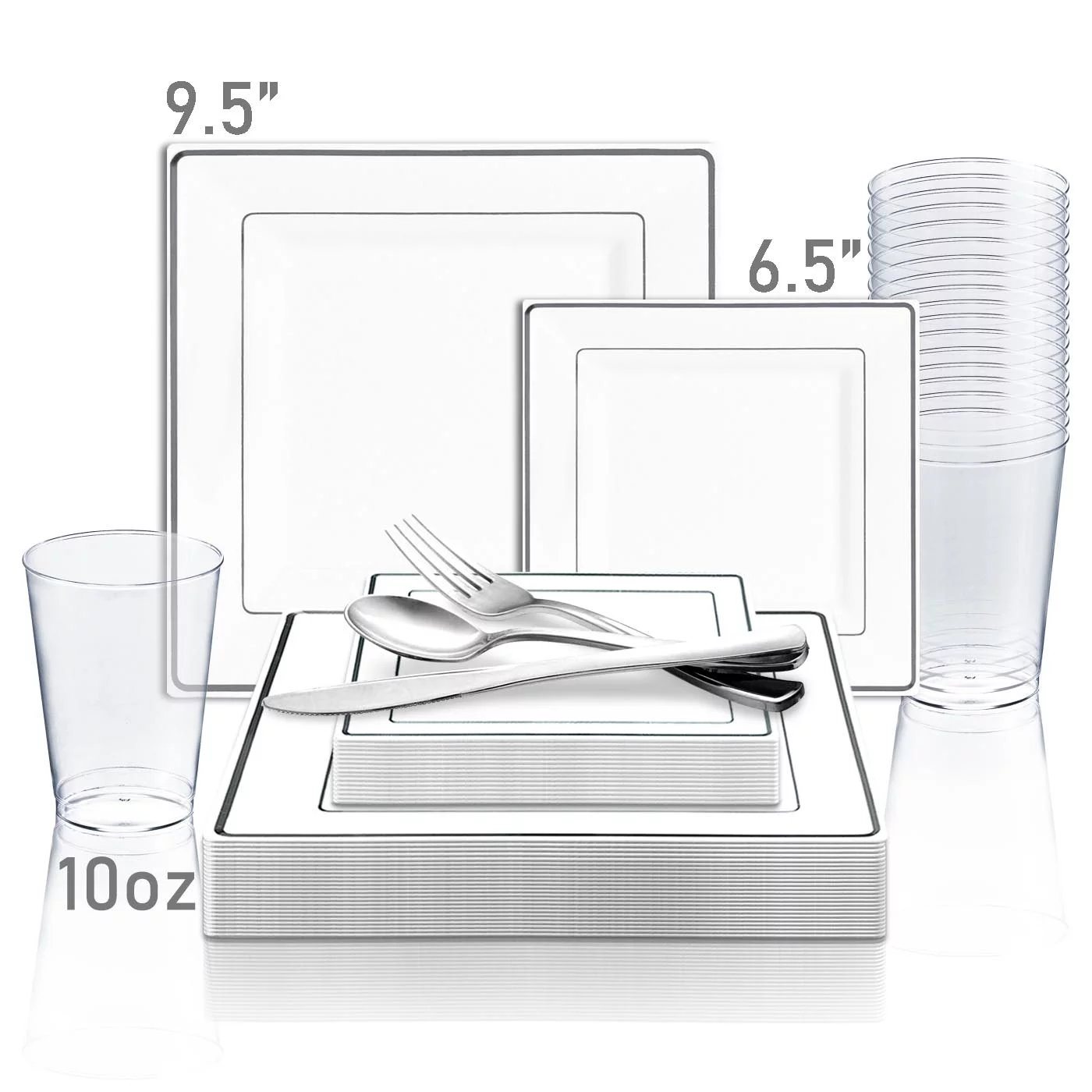 Smarty White w/ Silver Square Edge Plastic Wedding Value Set (120 Guests)