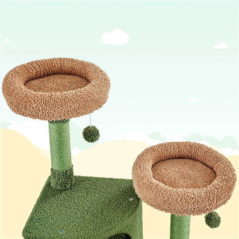Yaheetech 66''H Cactus Cat Tree Cat Tower with Padded Perch,Green/Brown