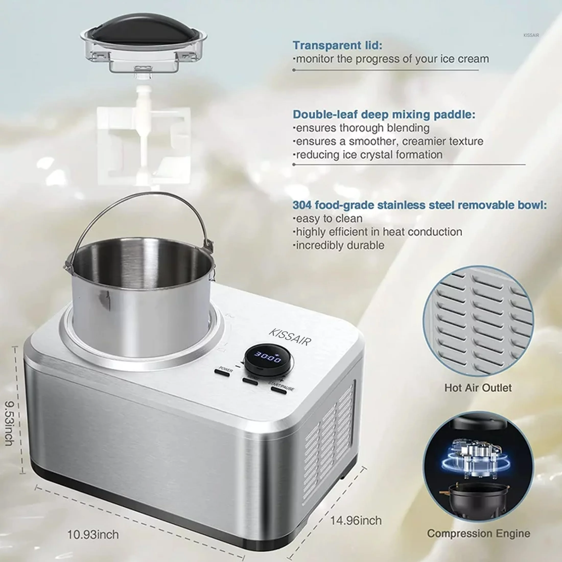 KISSAIR Ice Cream Maker - 1.5Qt, Compressor, 4 Modes - LCD Panel & Timer