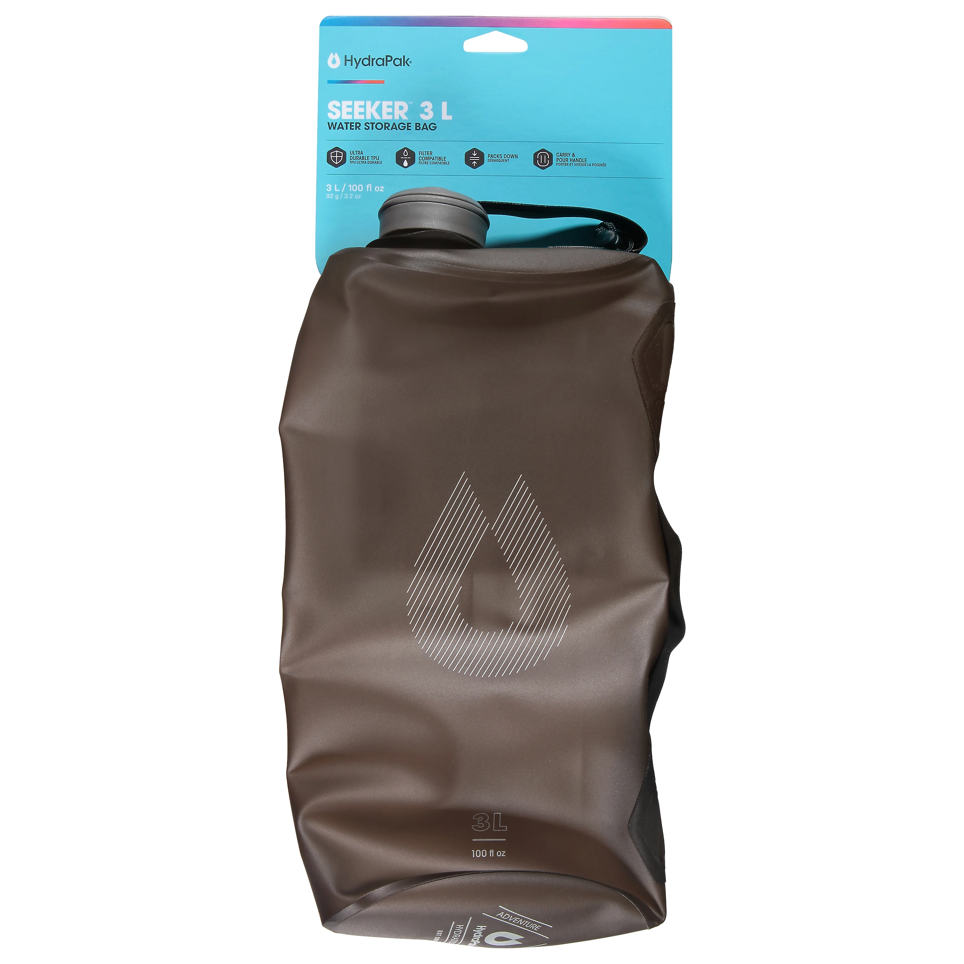 HydraPak Seeker Water Bottle, Mammoth Grey, 3L/100 oz.,