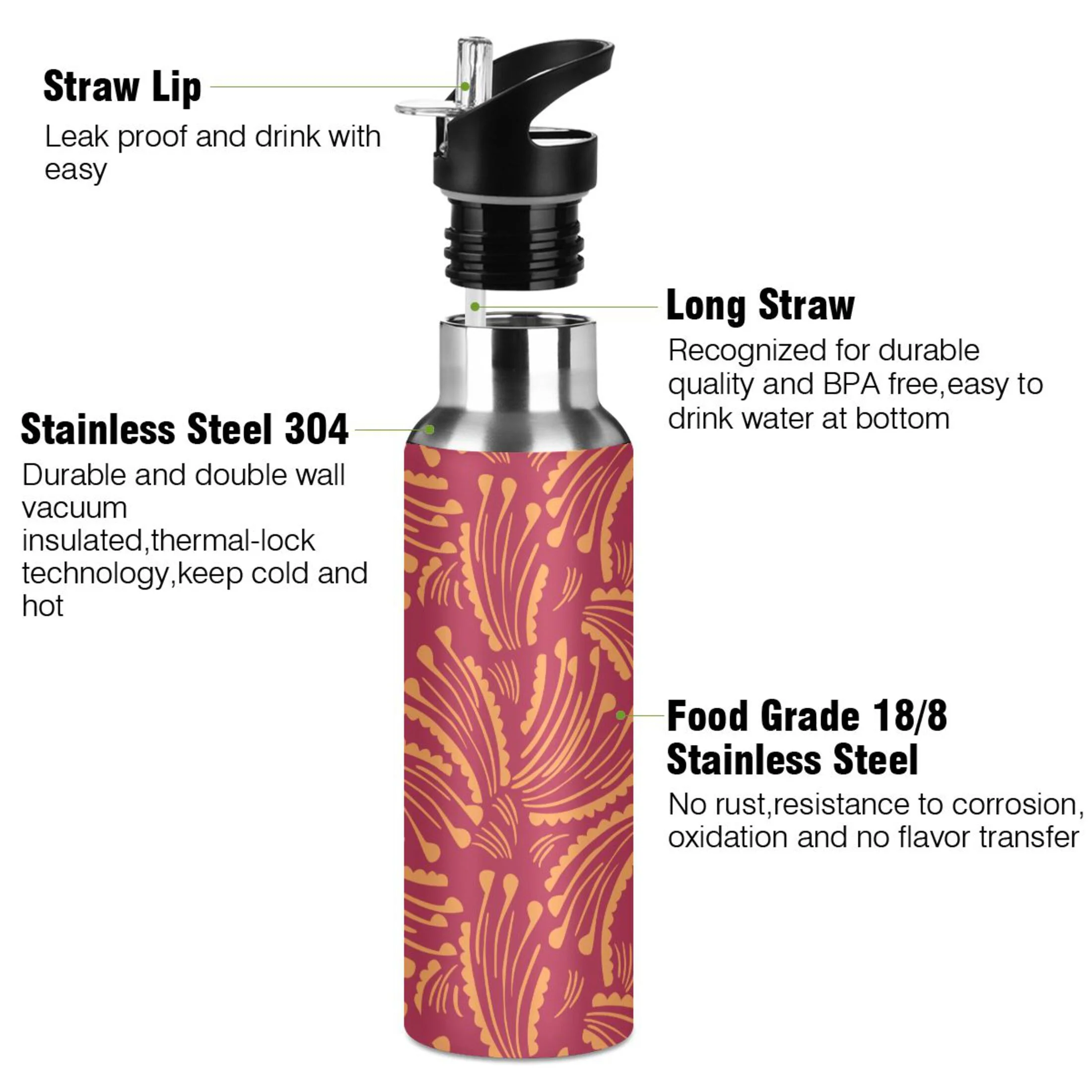 Water Bottle with Straw Lid Leak Yellow Petals Floral Stainless Steel Insulated Thermos Vacuum Flask for Cold Hot Drinking for Sports Camping Gym Yoga