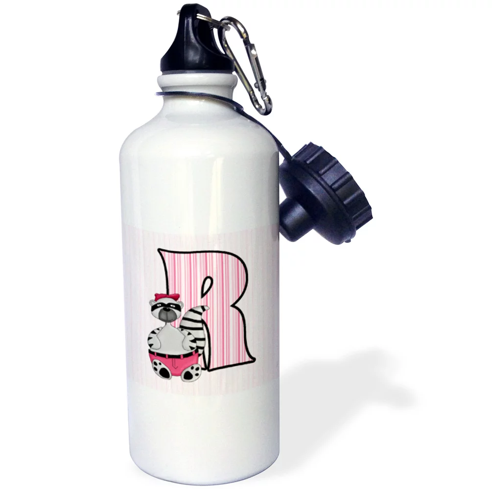 R is for Raccoon in Pink for Girls Baby and Kids Monogram R in Striped Prints 21 oz Sports Water Bottle wb-62876-1