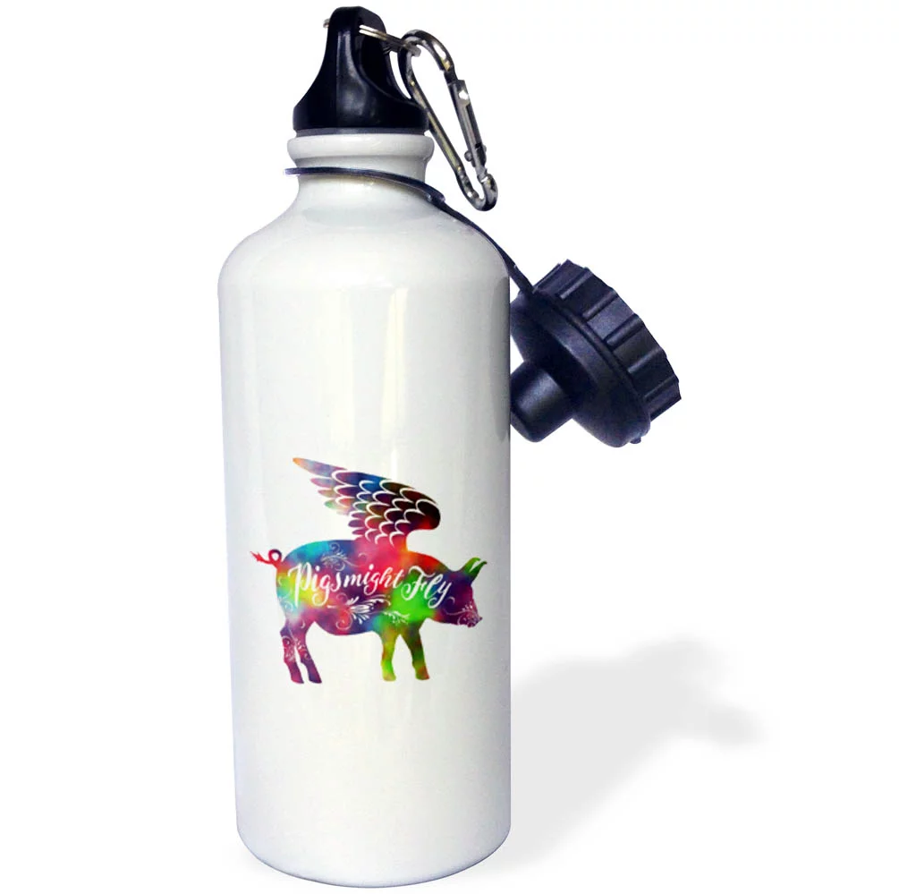 3dRose Pigs Might Fly Design in Rainbow Colors - Straw Water Bottle, 21-ounce