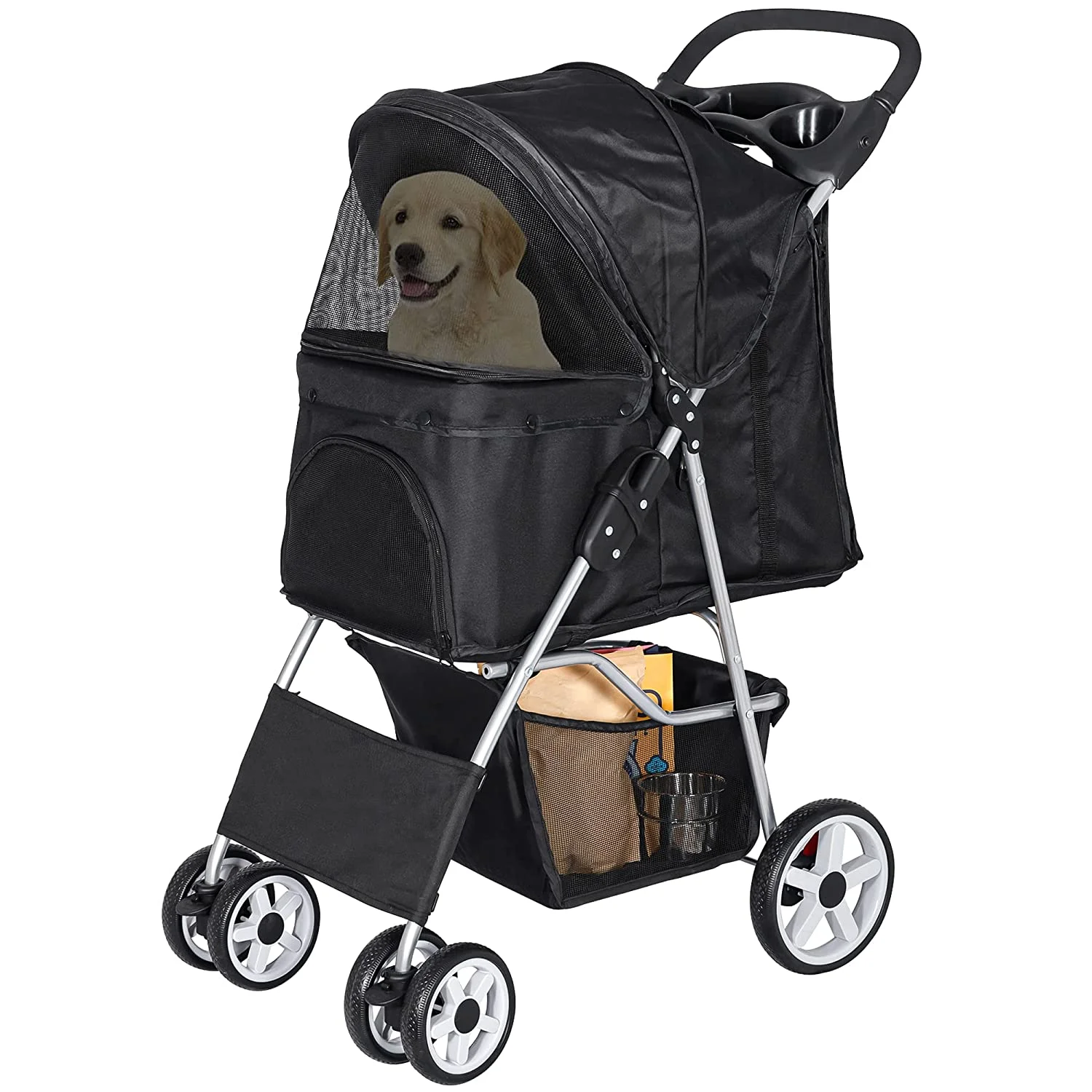 Pet Stroller, 4 Wheel Dog Stroller for Small Medium Dogs & Cats, Easy to Walk Foldable Carrier Strolling Cart with Storage Basket and Cup Holder