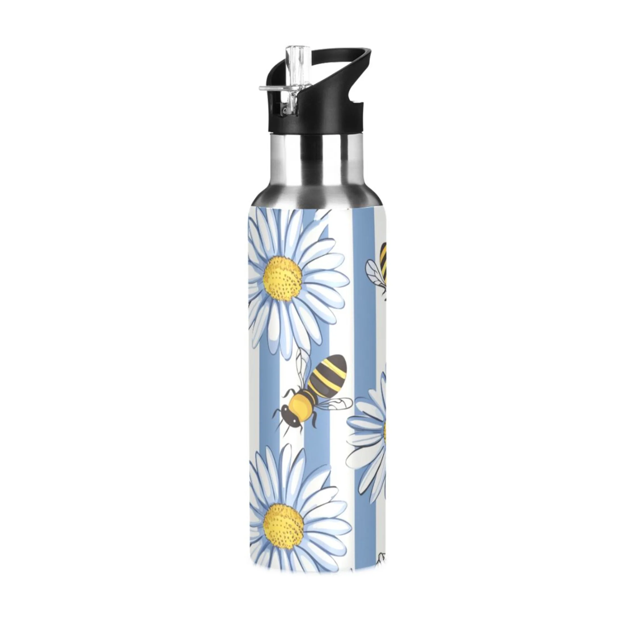 Bee Flowers with Line Water Bottles Insulated Thermos Kids Stainless Steel Bottle with Straw Lid Flask Leakproof for Sports Gym 20 oz