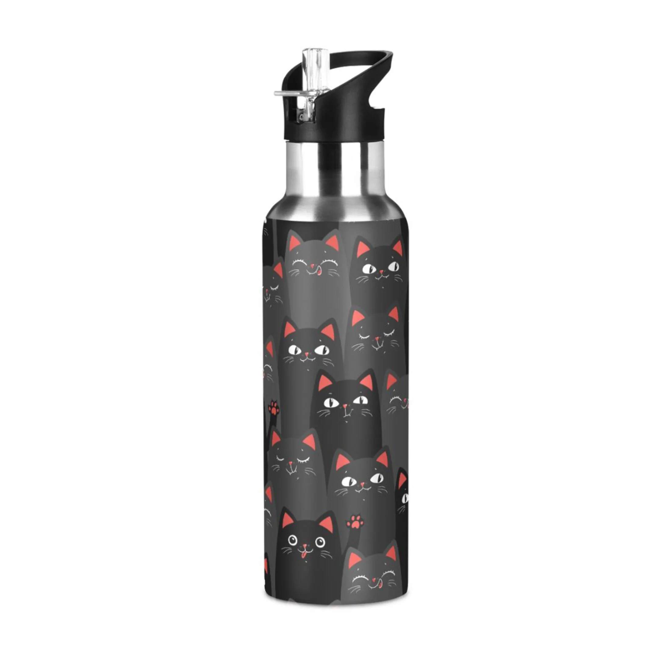 Water Bottle with Straw Lid Leak Cartoon Black and Grey Cats Stainless Steel Insulated Thermos Vacuum Flask for Cold Hot Drinking for Sports Camping Gym Yoga