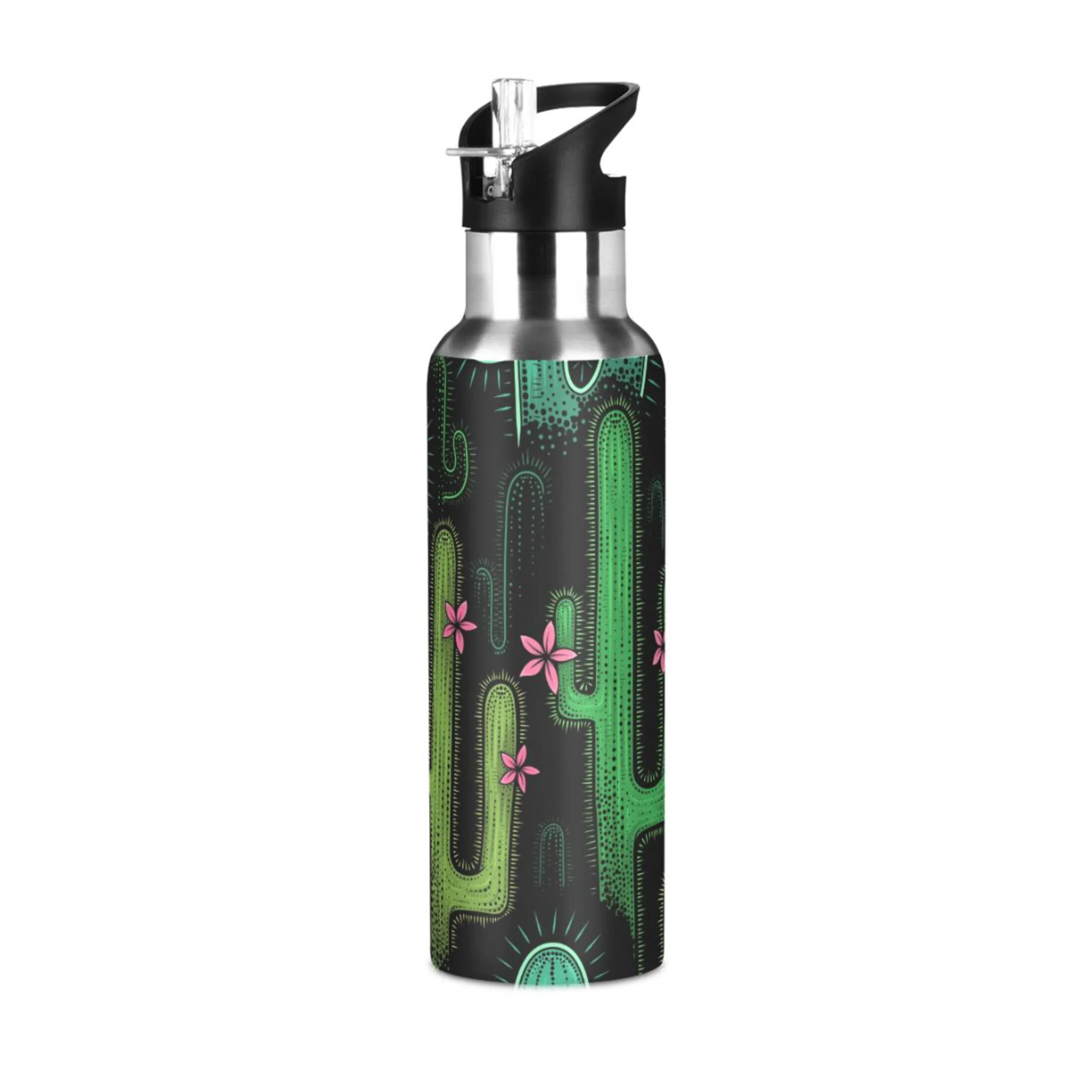 Stainless Steel Water Bottle Vector Green Western Cactus Pattern with Straw Lid Vacuum Insulated Leak Proof Flask Jug for Gym Travel Sports Cycling Outdoor 20 OZ