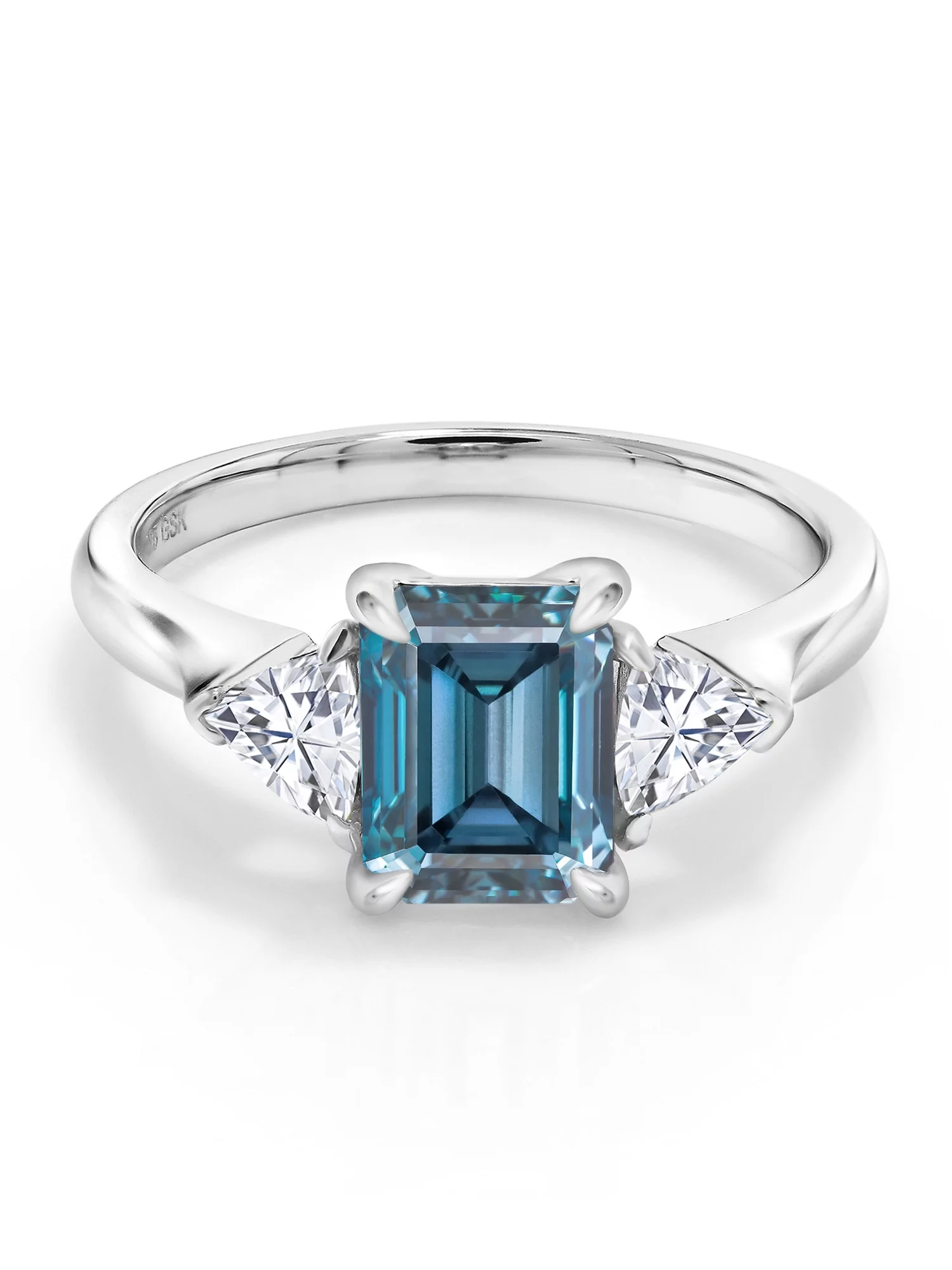 925 Sterling Silver Persian Blue Moissanite and Moissanite from Charles & Colvard 3-Stone Ring For Women (1.80 Cttw, 8X6MM Octagon, 3.5 Trillion, Gemstone Birthstone, Size 5, 6, 7, 8, 9)