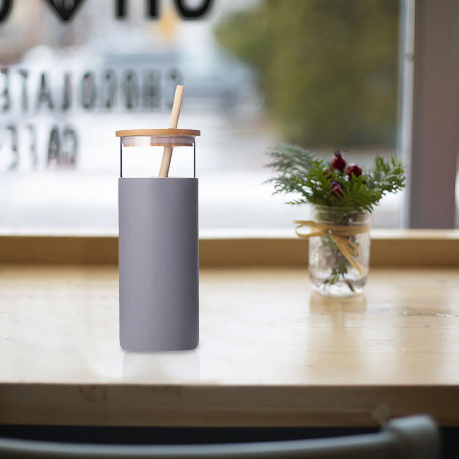 Wepro Creative Bamboo Cover Bamboo Straw Reusable Silicone Glass Straw Water Cup