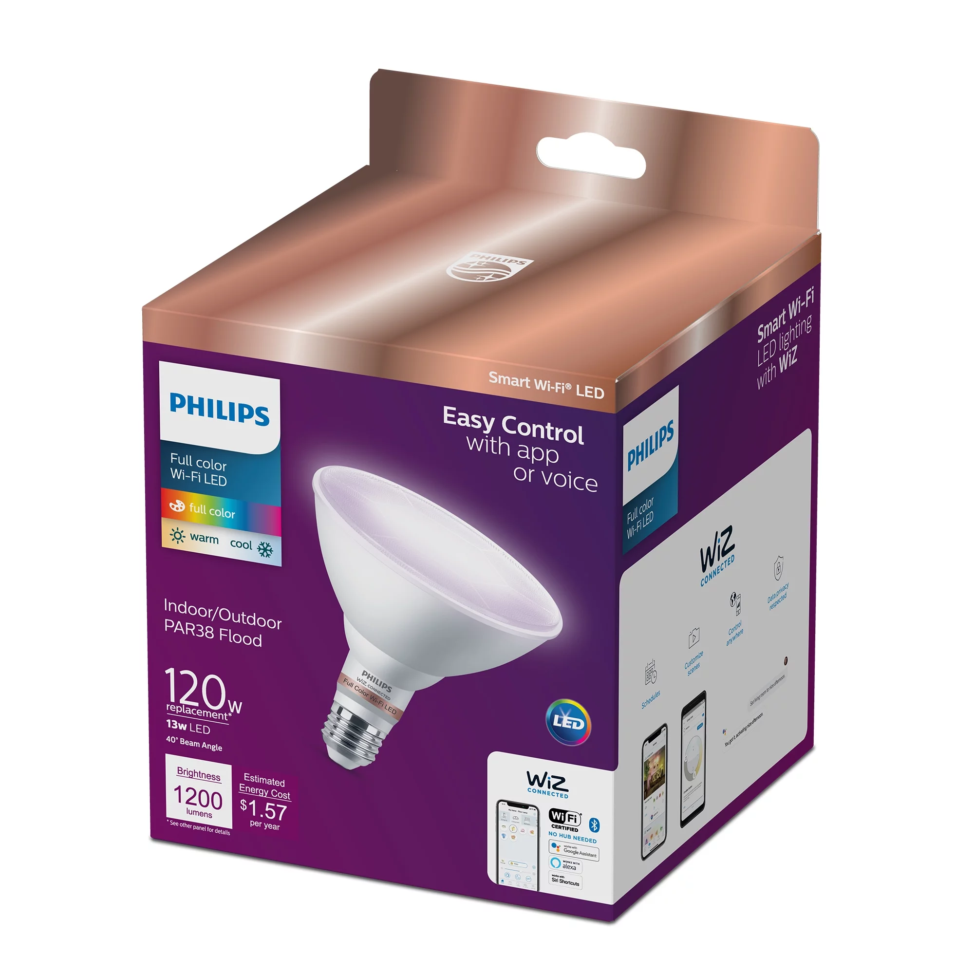 Philips Smart Wi-Fi Connected LED 120-Watt PAR38 Floodlight Light Bulb, Color, Dimmable, E26 Medium Base (1-Pack)