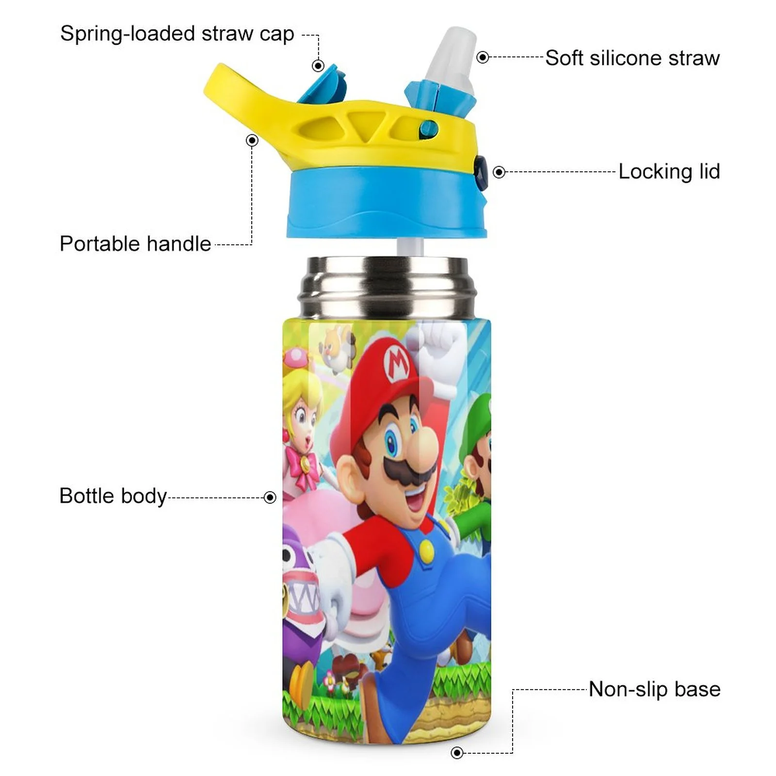 Super Mario Luigi Kid's Insulated Water Bottle With Straw Vacuum Stainless Steel Cup Leak-Proof Children Toddler Thermoses