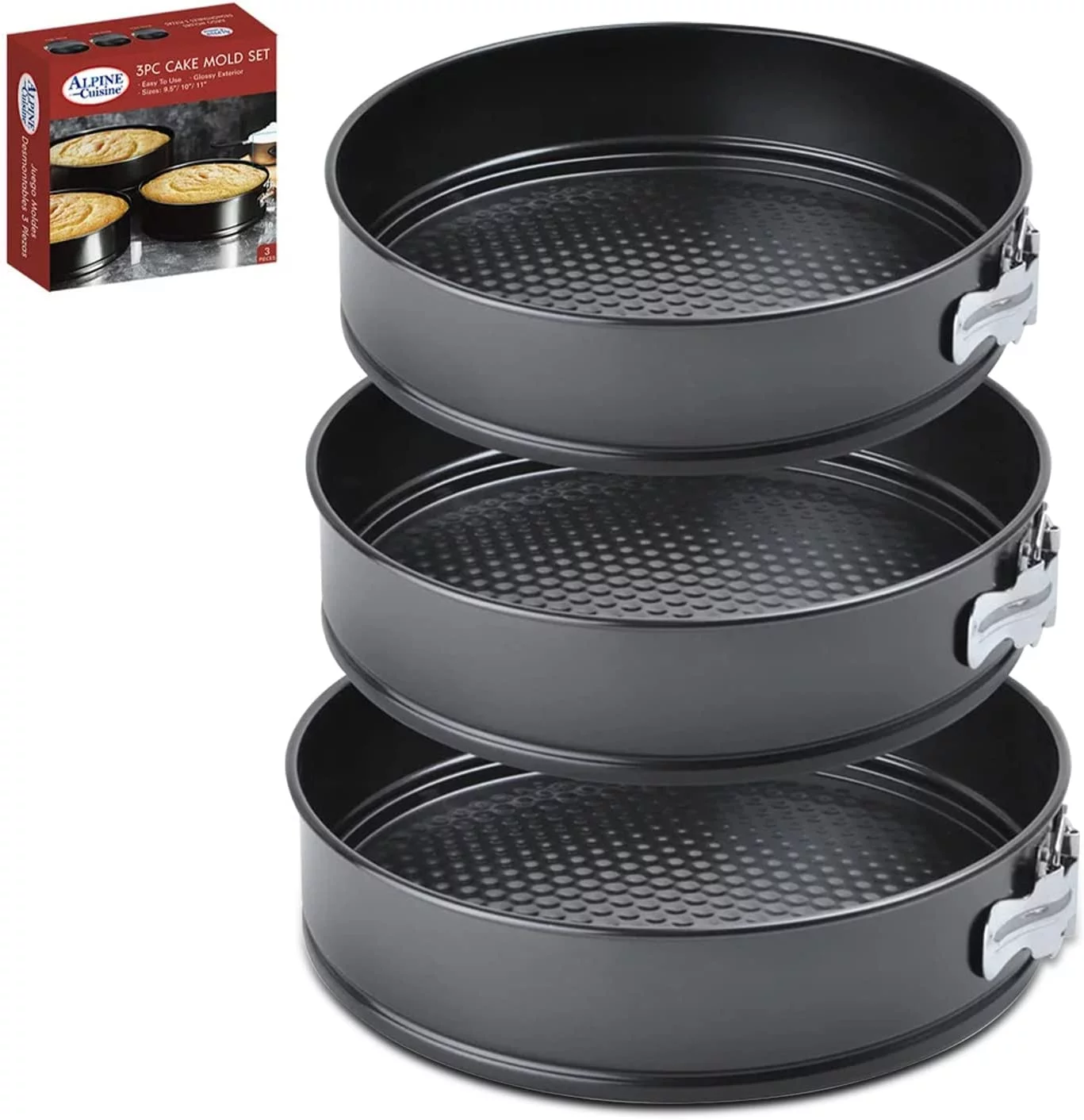 Alpine Cuisine Spring Form Cake Mold 3pc Set (9.5in,10in,11in) - Carbon Steel Removable Bottom Bakeware Set - Durable, Heavy Duty - Multipurpose Use Baking Pans - Dishwasher Safe