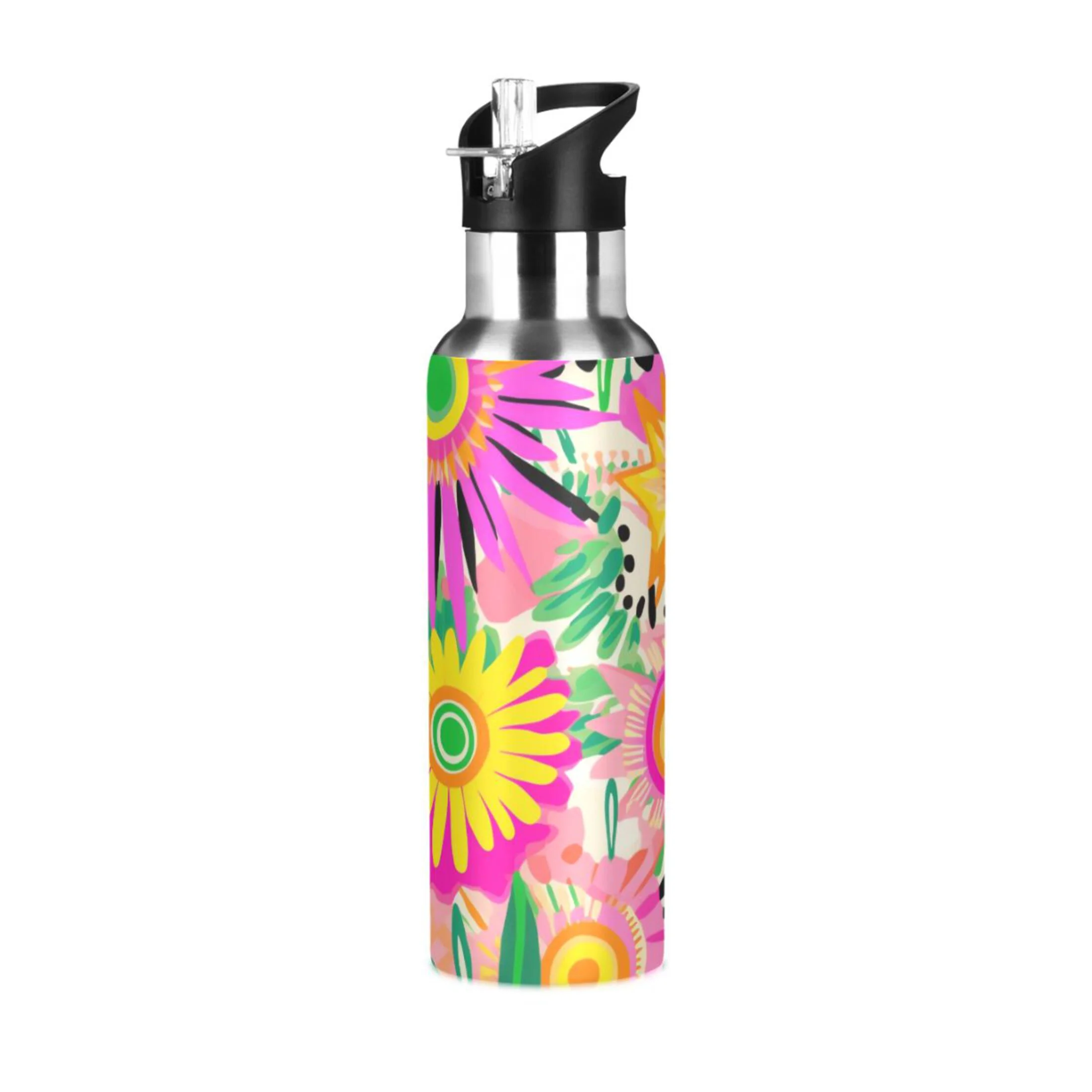 Flowers Water Bottles Insulated Thermos Kids Stainless Steel Bottle with Straw Lid Flask Leakproof for Sports Gym 20 oz