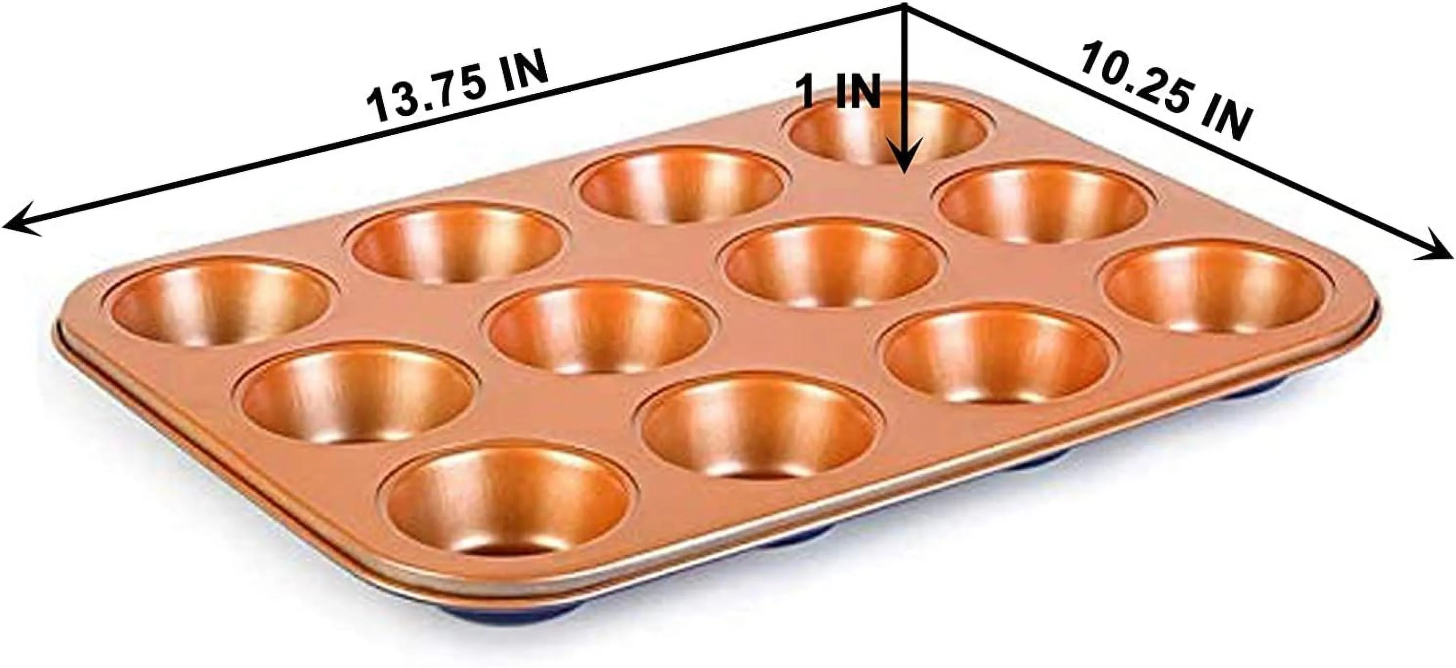 Copper Professional Healthy 12 Cup Cake and Muffins Baking Pan Sheet, Oven and Dishwasher Safe L