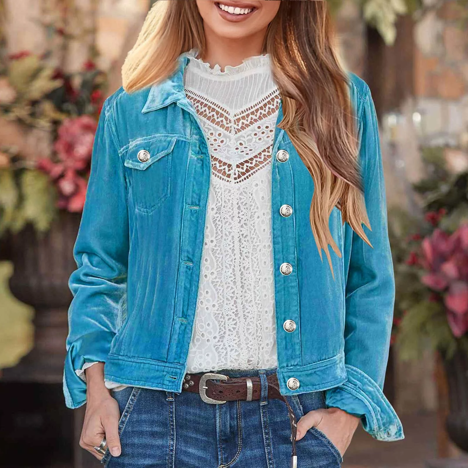 PMUYBHF Womens Jean Jackets Ladies Gold Velvet Denim Jacket Single Long Sleeve Lapel Solid Color Short Style Winter Jacket Women's Blazers & Suit Jackets Women Blazer Casual