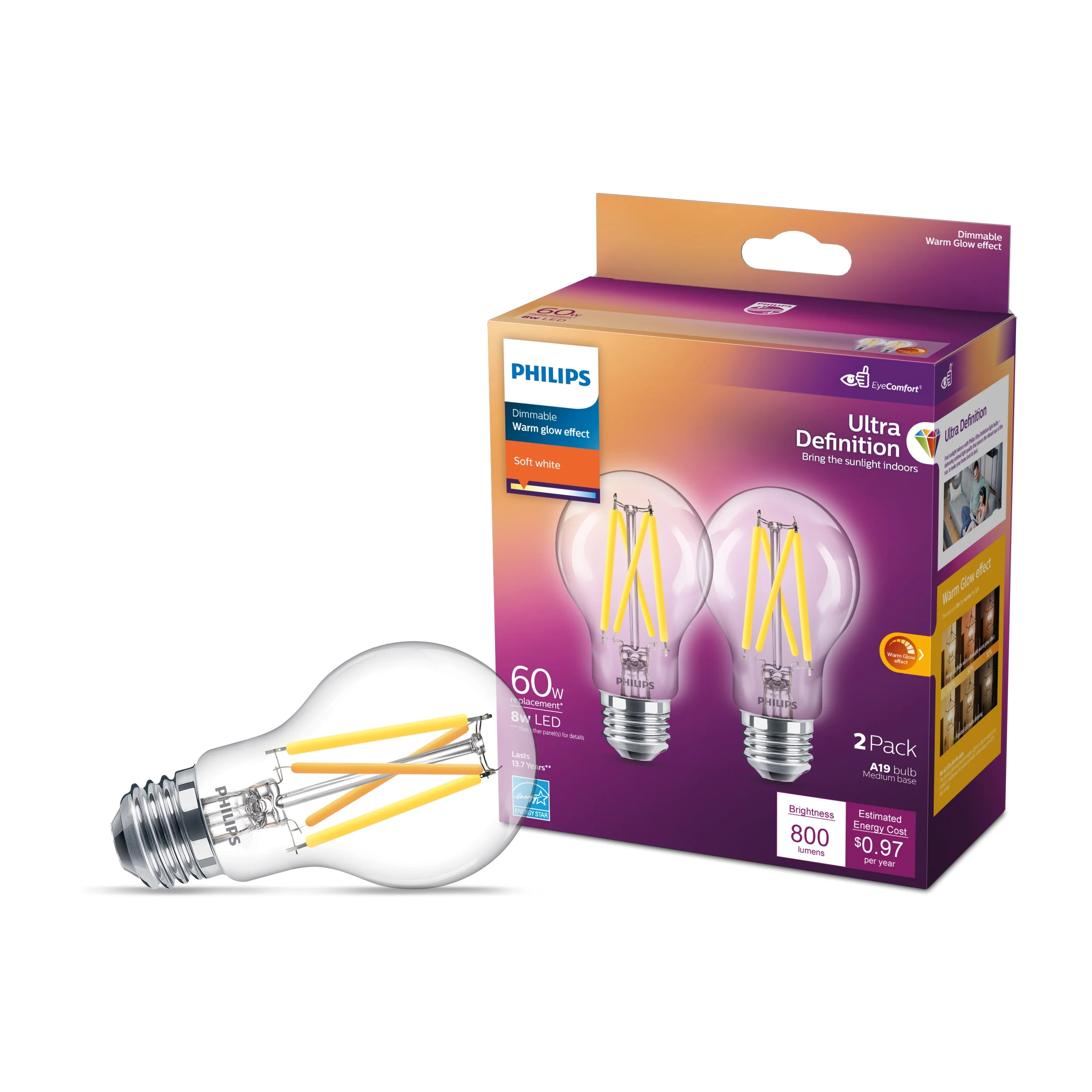 Philips Ultra Definition LED 60-Watt A19 Filament Light Bulb, Clear Soft White, Dimmable, E26 Medium Base (8-Pack)