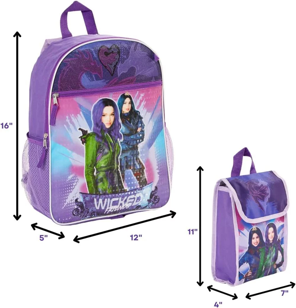 Disney Descendants Girls Backpack with Lunch Bag Water Bottle 5 Piece Set 16 inch