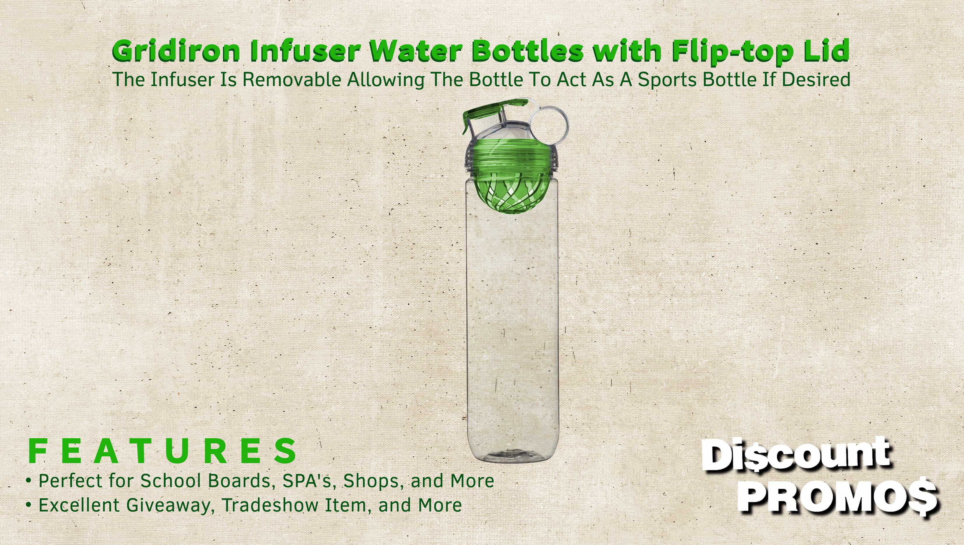 6 Gridiron Infuser Water Bottles Set, 27 oz. - Screw On, Flip-Top Lid, Spill-Resistant, BPA-Free - Lime Green