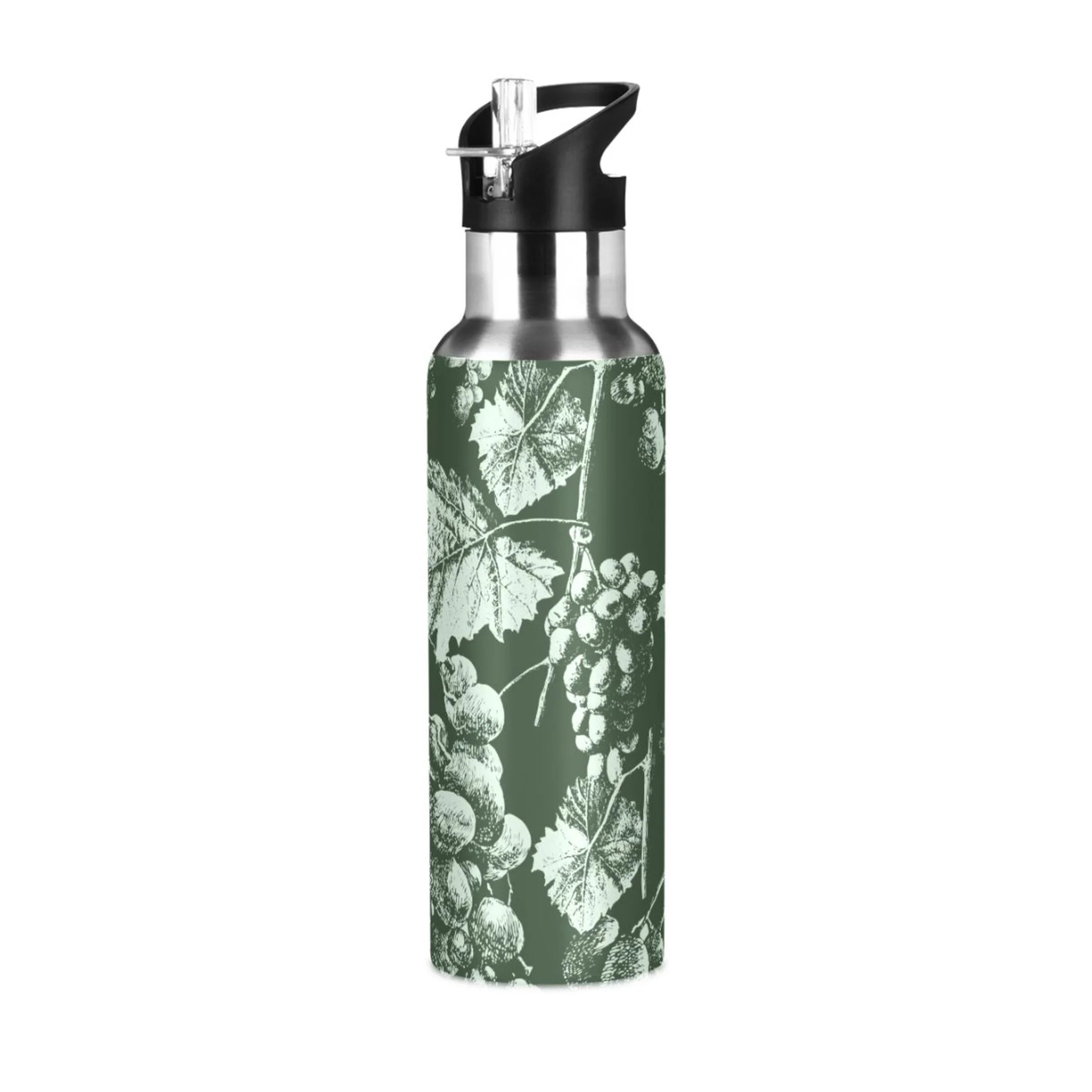 Stainless Steel Water Bottle Grunge Grapes and Leaves Green with Straw Lid Vacuum Insulated Leak Proof Flask Jug for Gym Travel Sports Cycling Outdoor 20 OZ