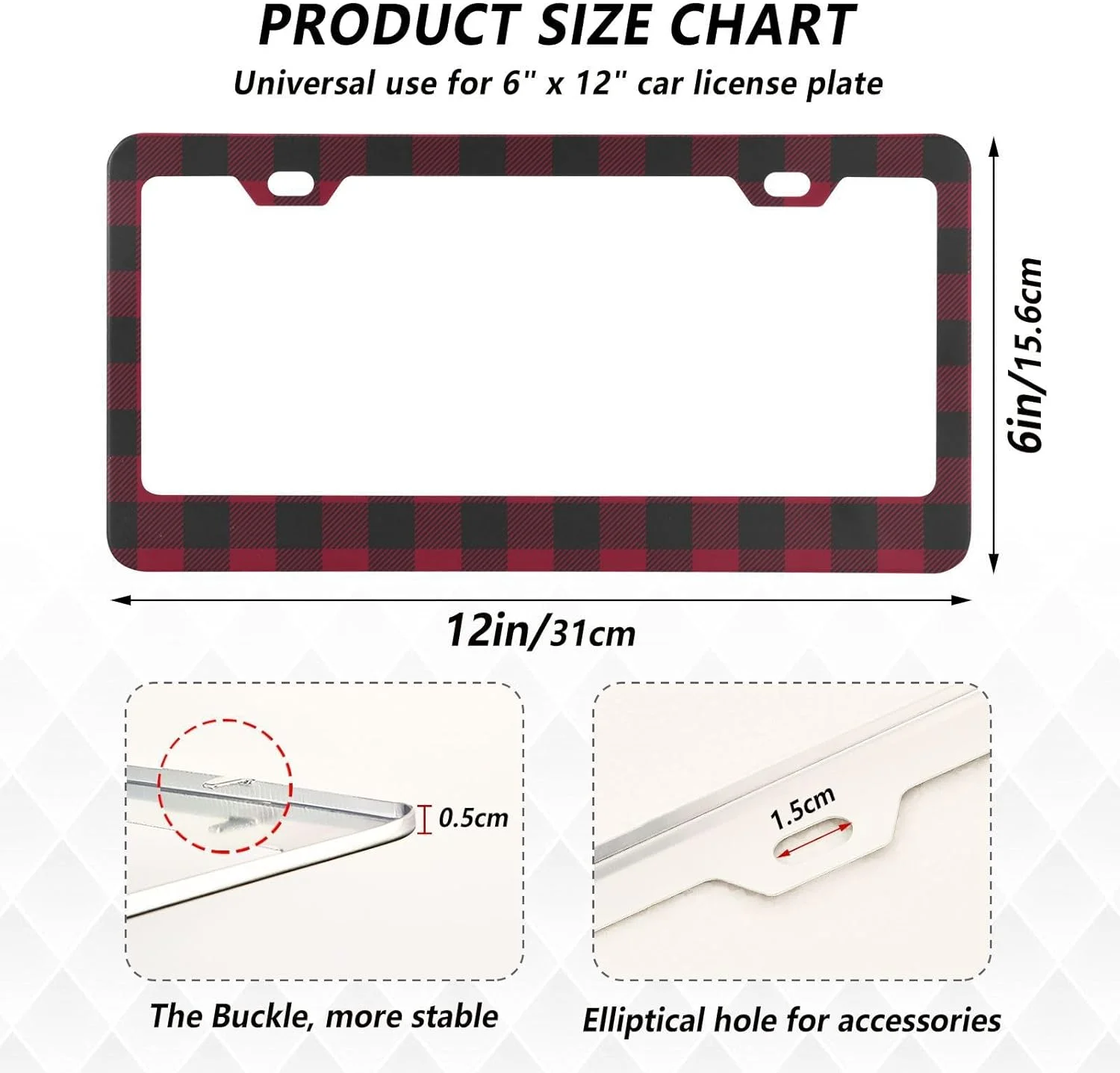 Red Buffalo Plaid License Plate Frame, Decorative Aluminum Car Tag Frames, 2 Pack Universal Car License Plate Covers with 2 Holes and Screws