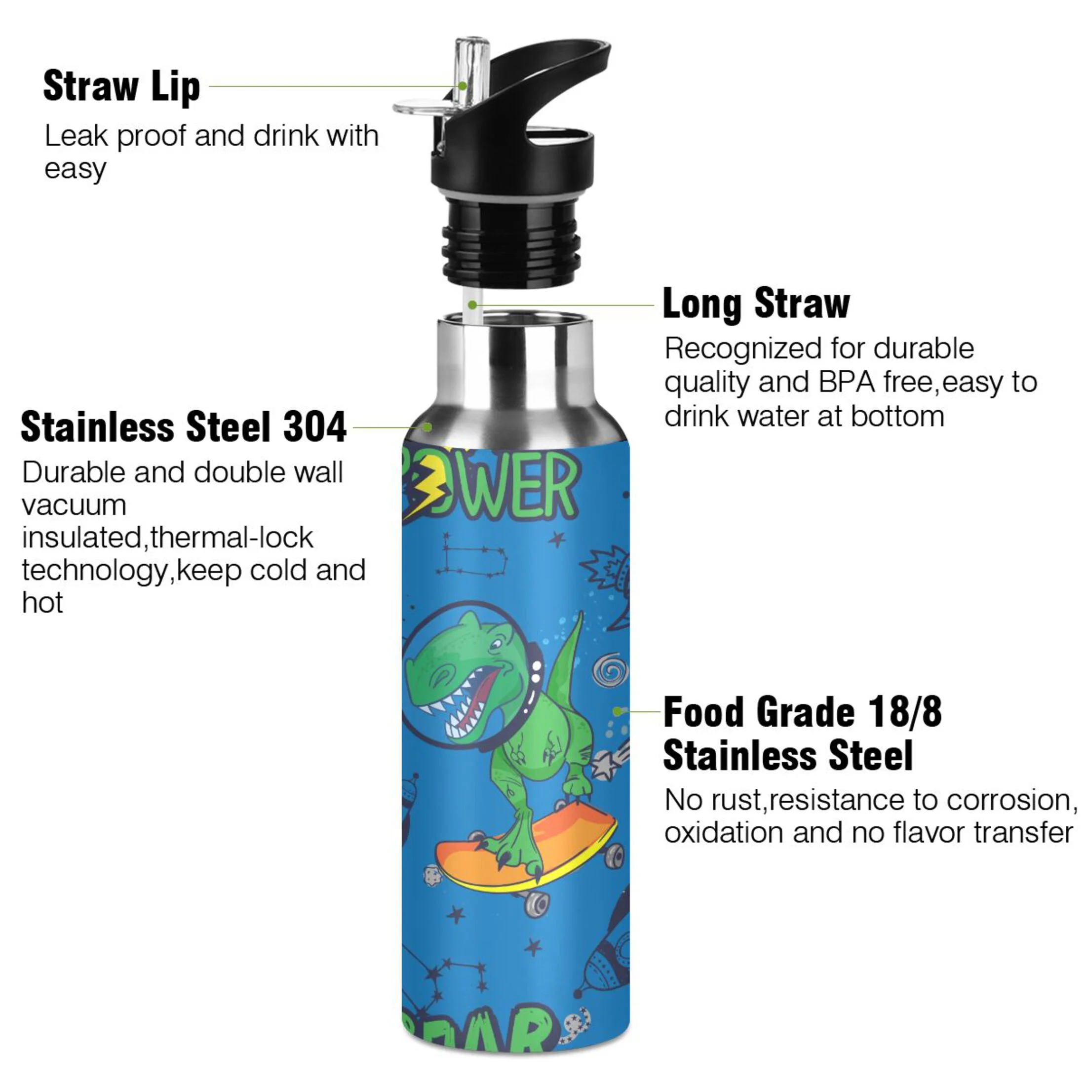 Water Bottle with Straw Lid Leak Dinosaurs Jurassic Galaxy Stainless Steel Insulated Thermos Vacuum Flask for Cold Hot Drinking for Sports Camping Gym Yoga
