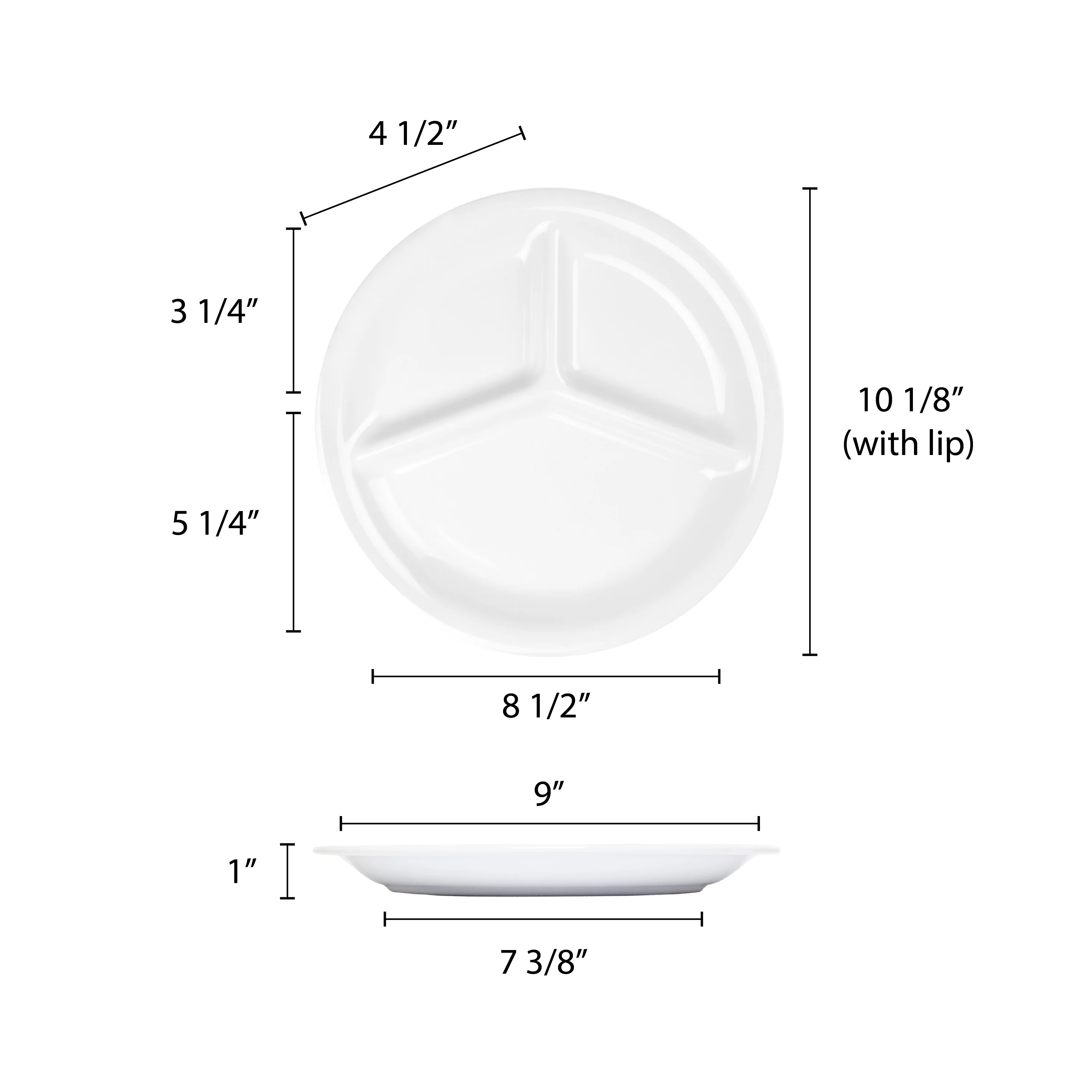 Excellante Color White Melamine Dinnerware Collection 10.25 Inch Three Compartment Plate, Comes in Dozen