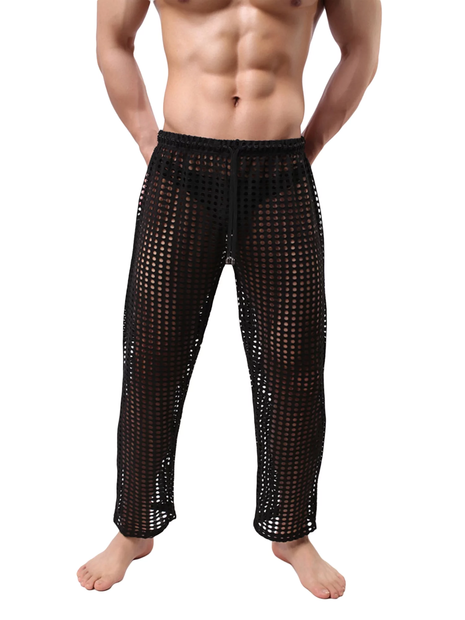 AMILIEe Men's Solid Color Muscle Trousers with See Through Fishnet Mesh