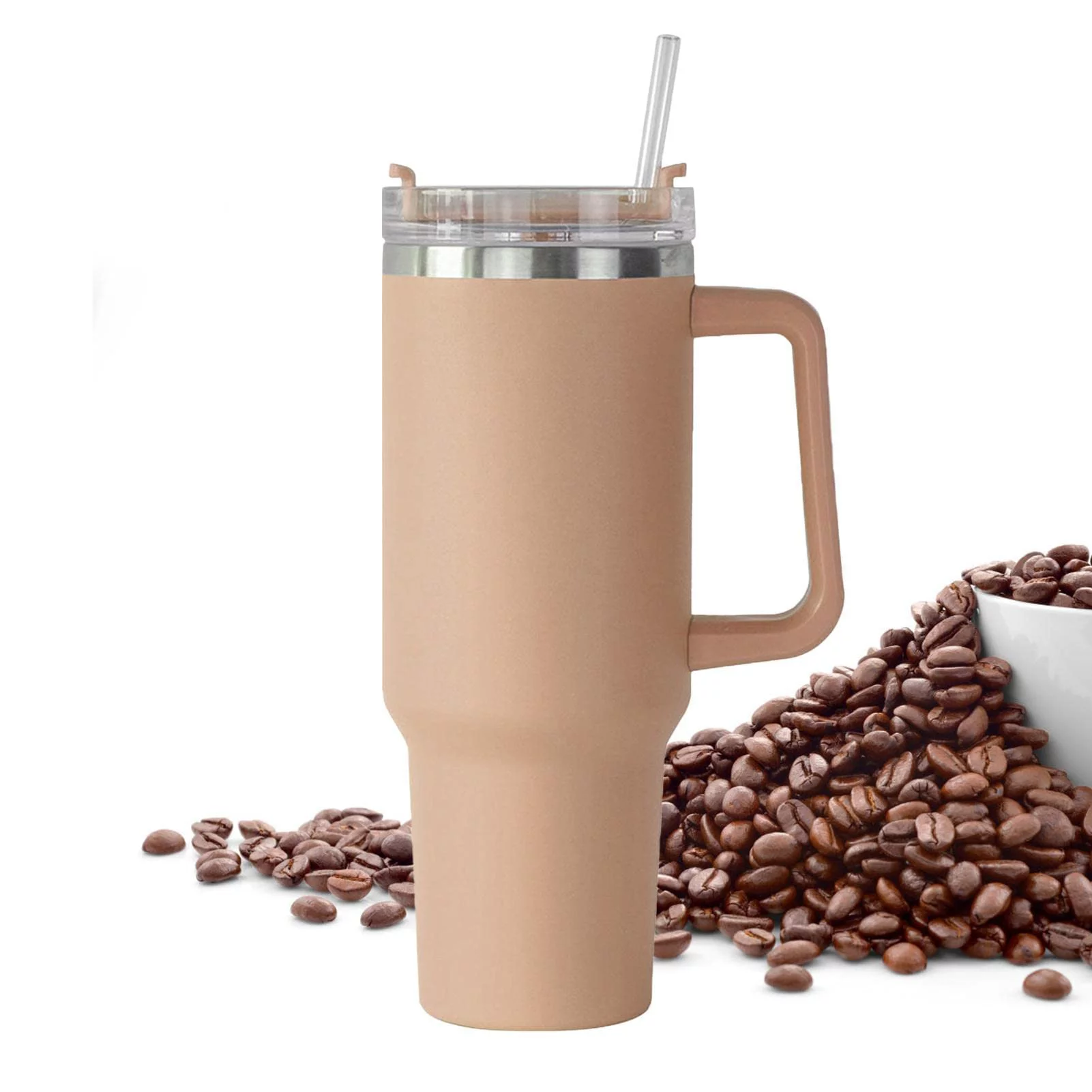 Stainless Steel Water Bottle | Stanleys Cup with Straw and Handle | Tumbler with Handle | Leak Proof Vacuum Insulated Water Bottle for Hot Iced Coffee-Camel