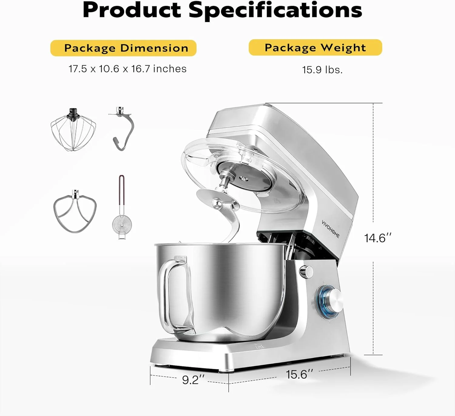 SPECSTAR 7.5 Quart Stand Mixer, 660W 6-Speed Tilt-Head Kitchen Electric Food Mixer with Beater, Dough Hook, Wire Whip, and Egg Separator, Silver