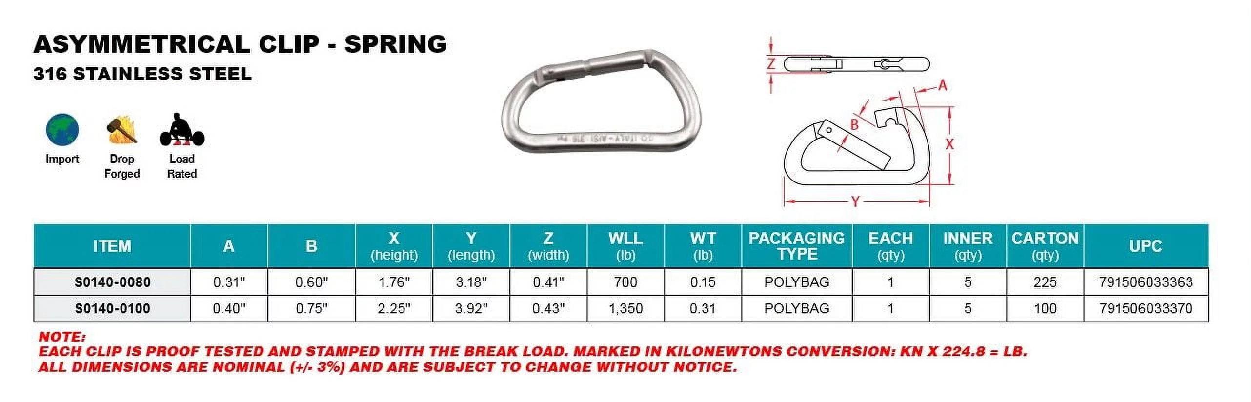 316 STAINLESS STEEL ASYMMETRICAL SPRING CLIP CARABINER 3
