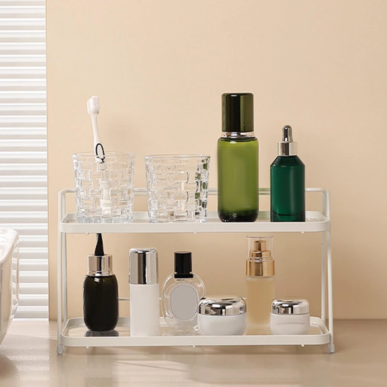 Storage Shelf, Cosmetic Rack, 2 Tier Bathroom Organizer Shelf, Bathroom Countertop Organizer, for Home Cabinet Shampoo Bedroom Spice Bottles White