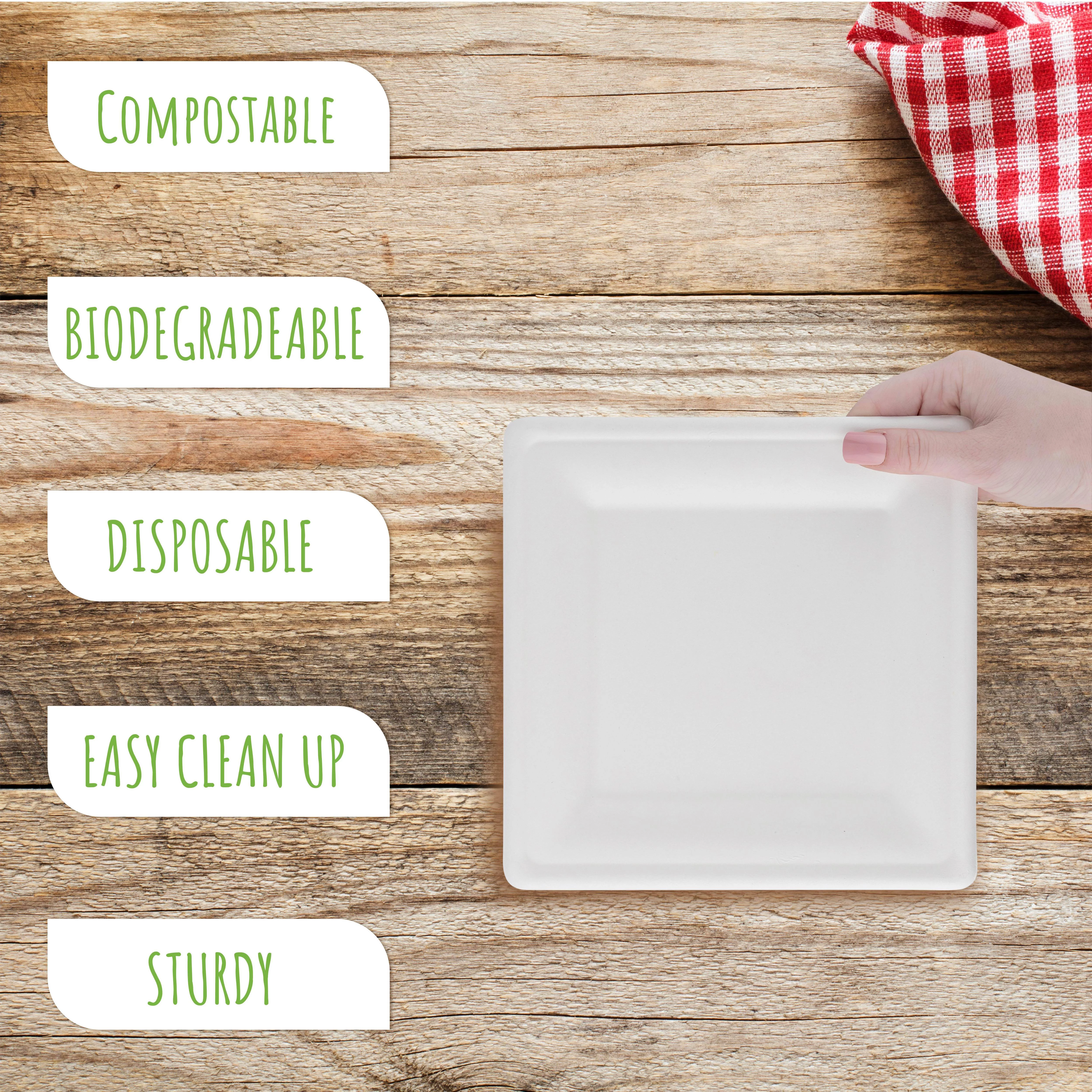 Brheez Heavy Duty Square Disposable Plates - 100% Biodegradable, Compostable Sugarcane, 8