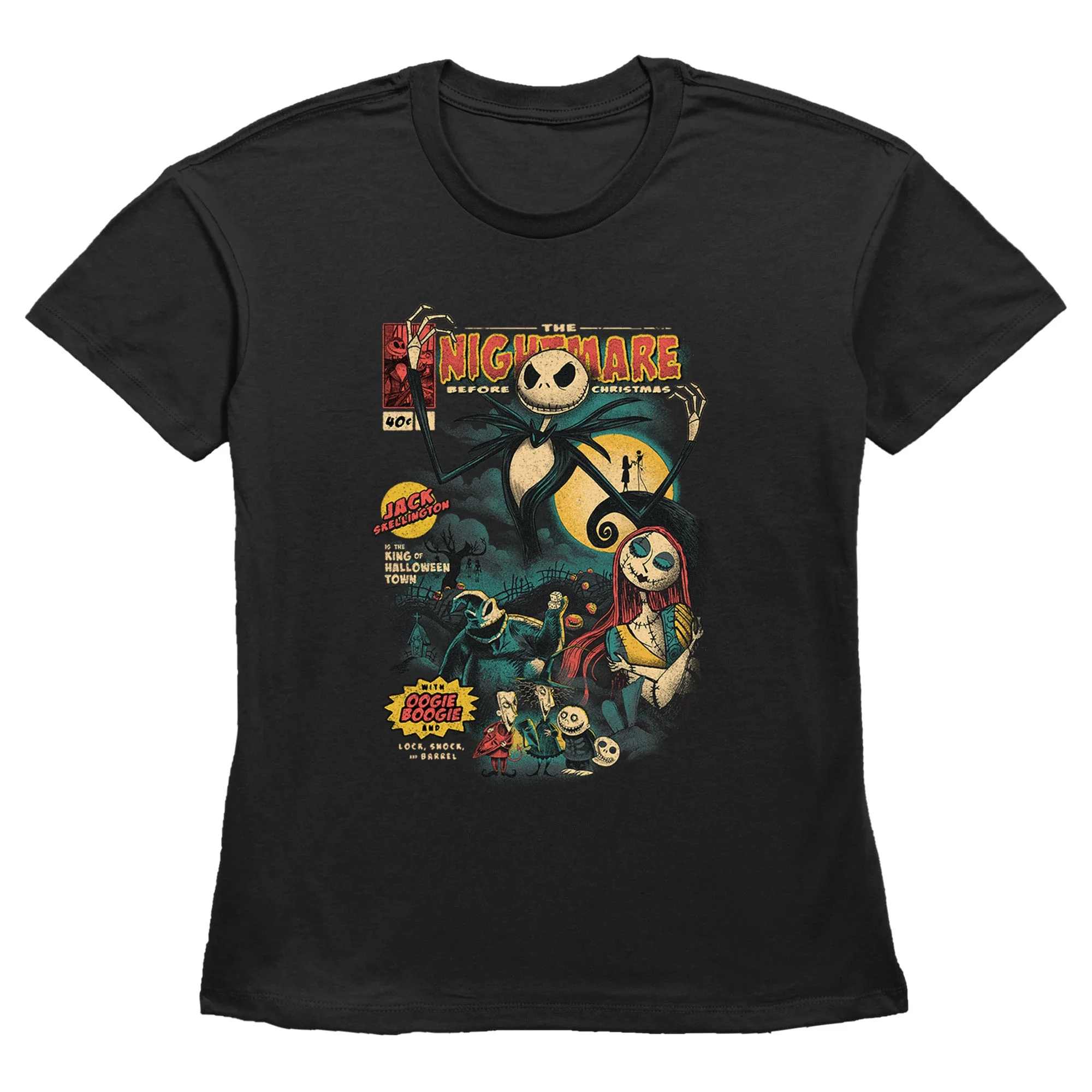 Women's The Nightmare Before Christmas Jack and Sally Comic Cover  Graphic Tee Black Small