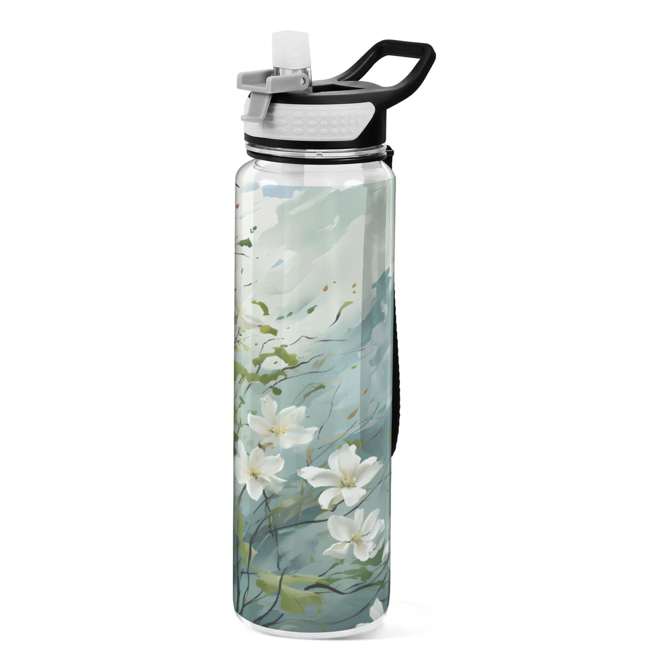 Jasmine Flowers 32oz Sports Water Bottles Leakproof Tritan Bottle with Straw BPA Free Clear Bottle for Fitness Gym Outdoor Cycling