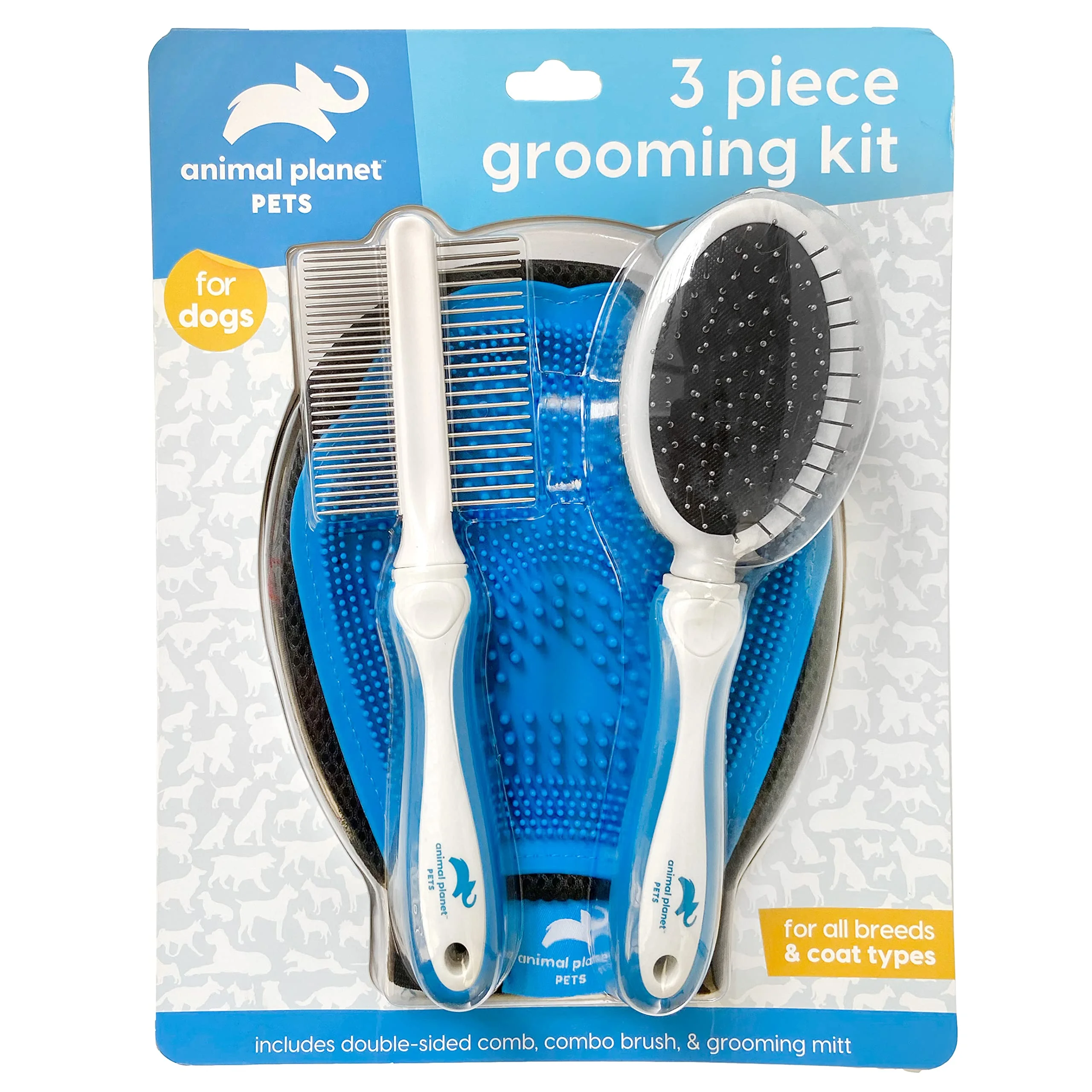 AnimalPlanet 3 Pack Grooming Kit- Double Sided Comb/ Grooming Mitt/ Combo Brush