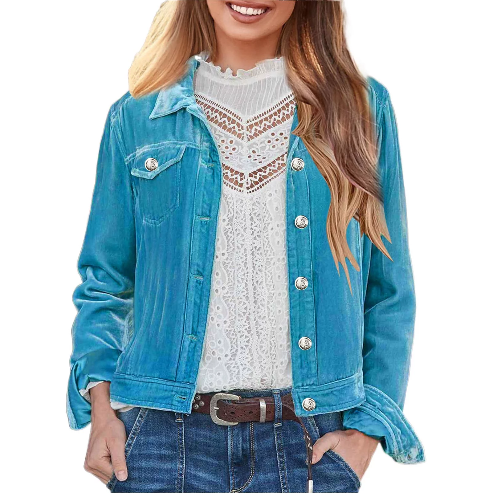 PMUYBHF Womens Jean Jackets Ladies Gold Velvet Denim Jacket Single Long Sleeve Lapel Solid Color Short Style Winter Jacket Women's Blazers & Suit Jackets Women Blazer Casual