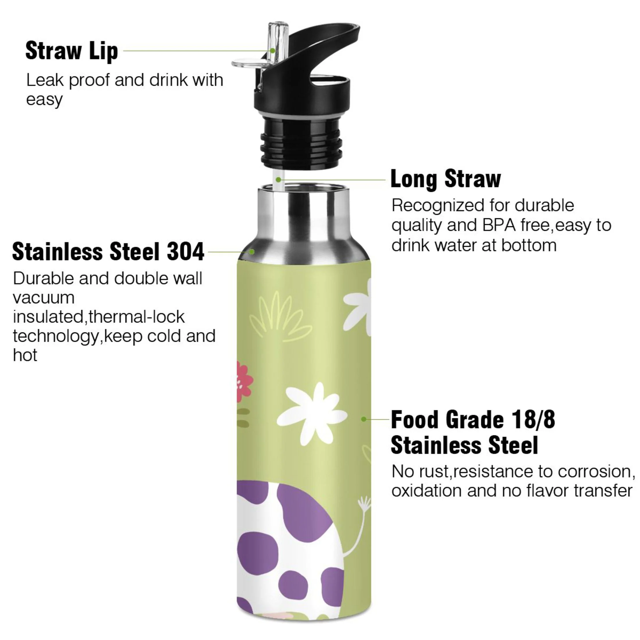 Stainless Steel Water Bottle Cow Flowers Green with Straw Lid Vacuum Insulated Leak Proof Flask Jug for Gym Travel Sports Cycling Outdoor 20 OZ