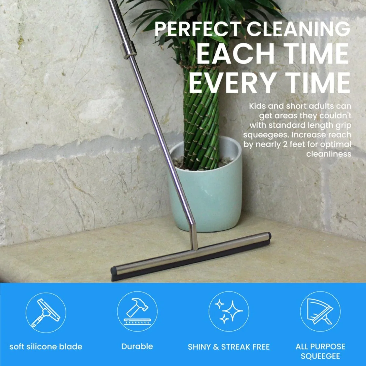 Stainless Steel Shower Squeegee with Telescoping Handle Extends to 23 Inches, From Grand Fusion