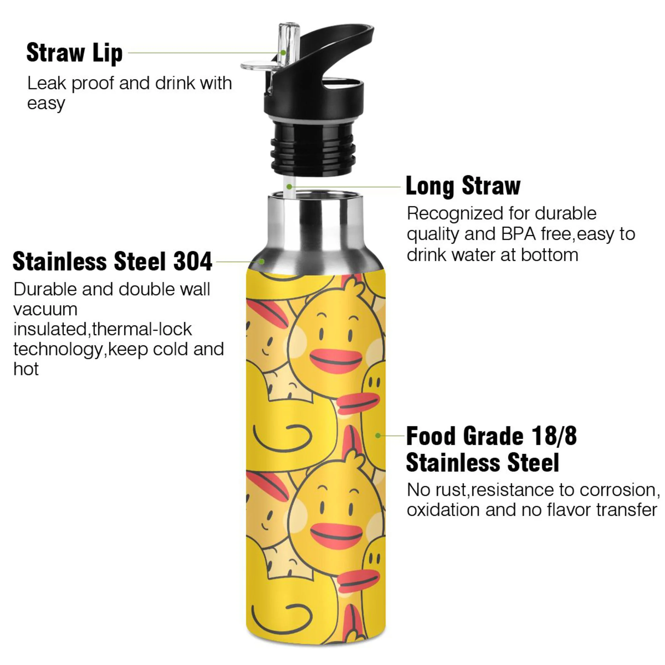 Water Bottle with Straw Lid Leak Cute Duck Yellow Ducky Stainless Steel Insulated Thermos Vacuum Flask for Cold Hot Drinking for Sports Camping Gym Yoga