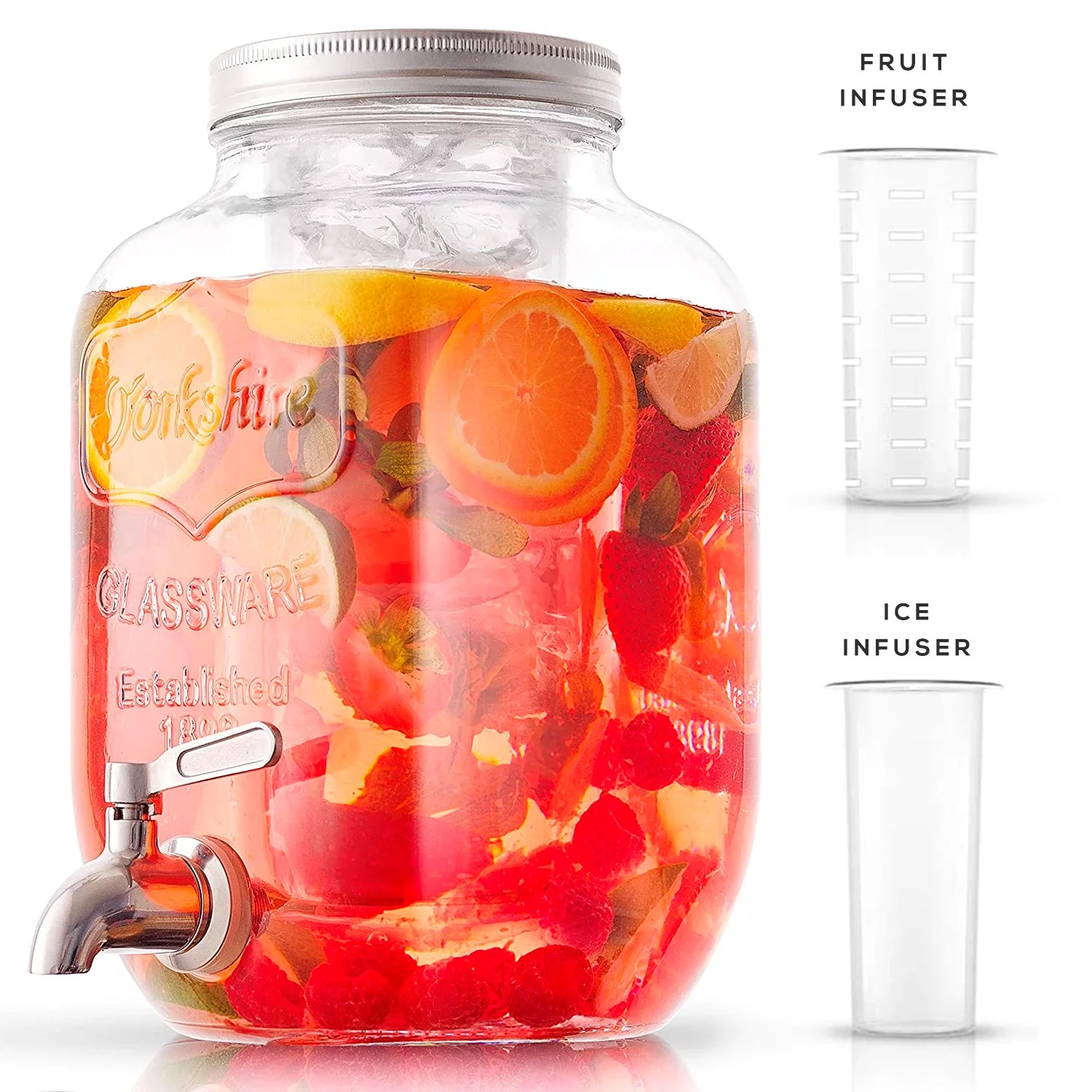 JoyJolt 1 Gallon Clear Glass Drink Dispenser with Spout PLUS Bonus Ice Infuser, & Fruit Infuser