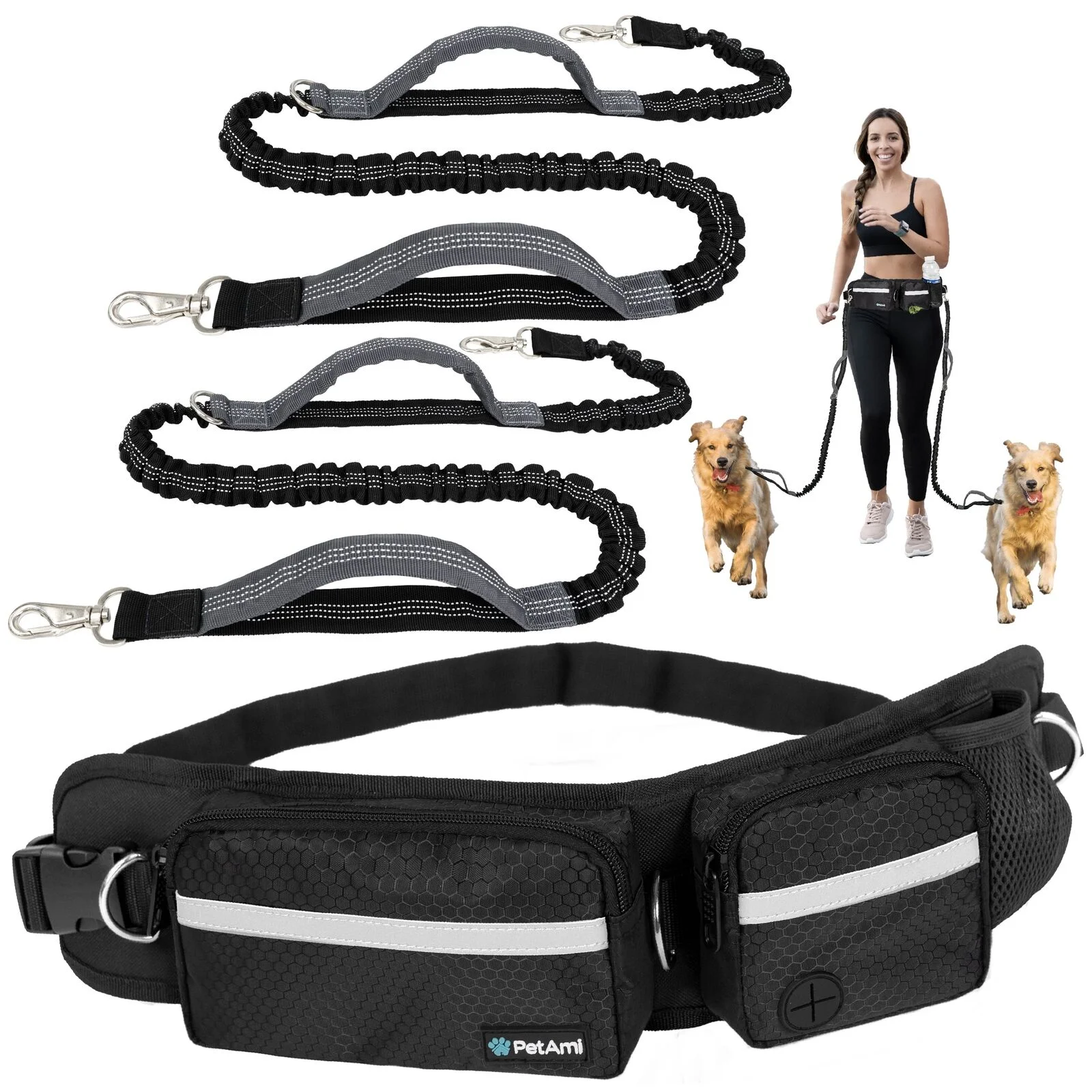 Dog Leash Waist Belt Hands Free Running Jogging Walking Fanny 2 Bungee Leashes