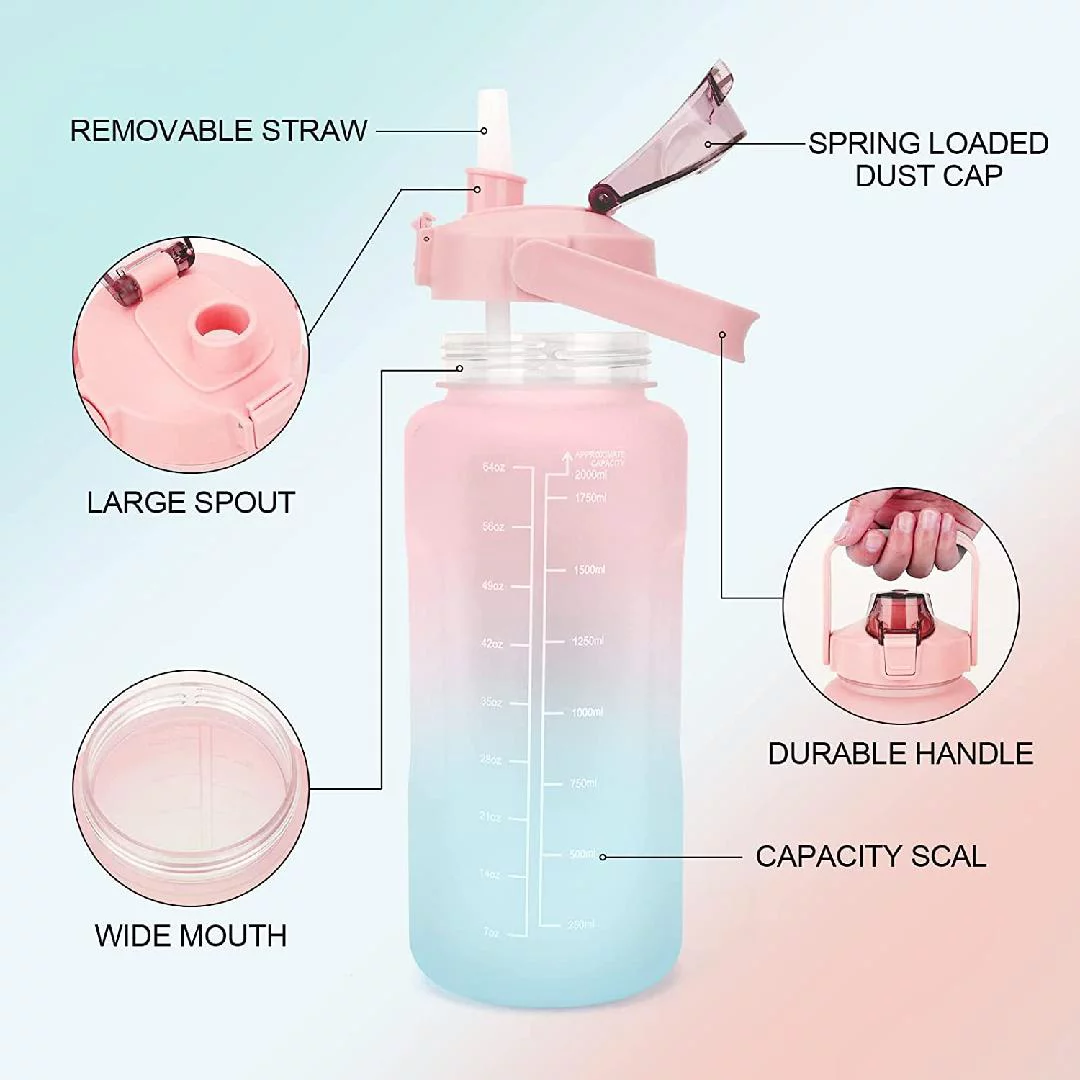 64 OZ Water Bottle with Sleeve Motivational Half Gallon Water Bottles with Time Marker and Straw BPA Free Water Jug for Gym Office Working