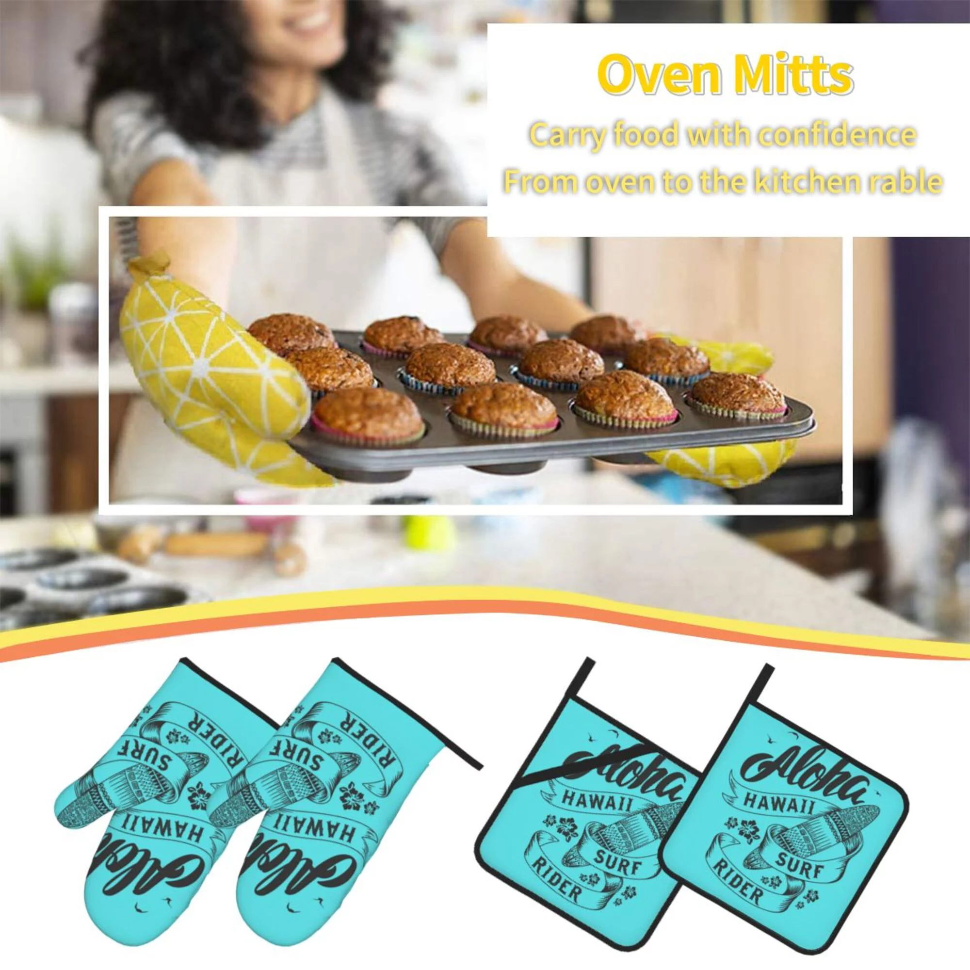 ZICANCN Oven Mitts and Pot Holders Sets,Sea Surf Art Aloha Baking Sets Kitchen Heat Resistant 4 Pieces