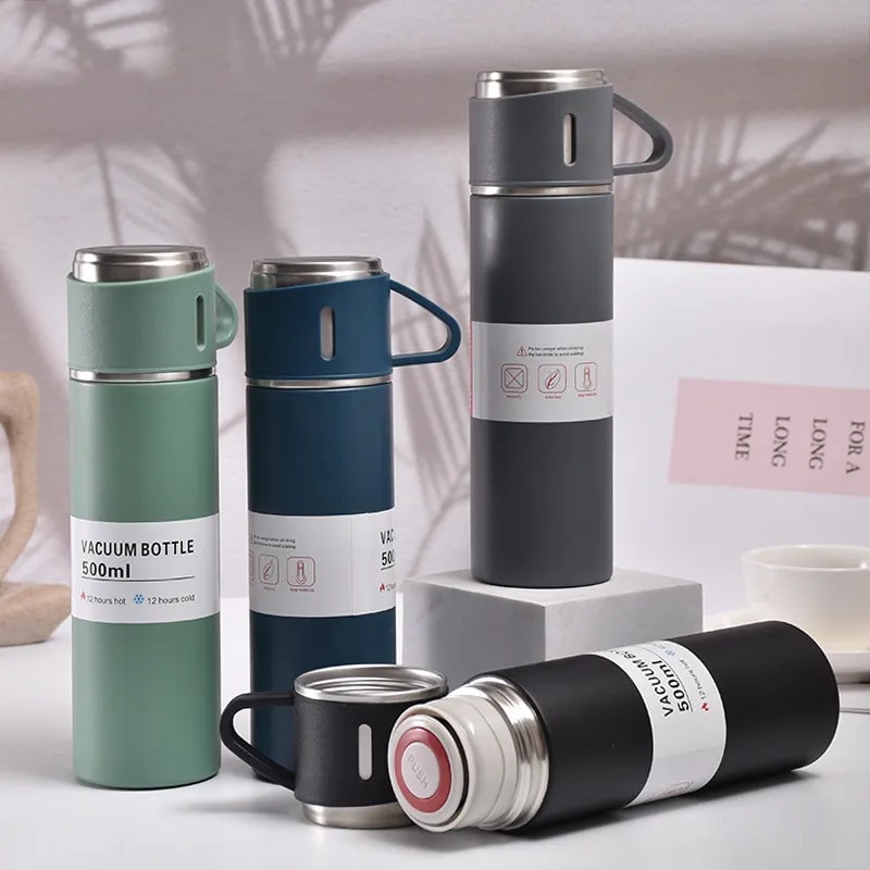 500ML 304 Stainless Steel Vacuum Insulated Bottle Gift Set Office Business Style Coffee Mug Thermos Bottle Portable Flask Carafe 500ml Blue Set