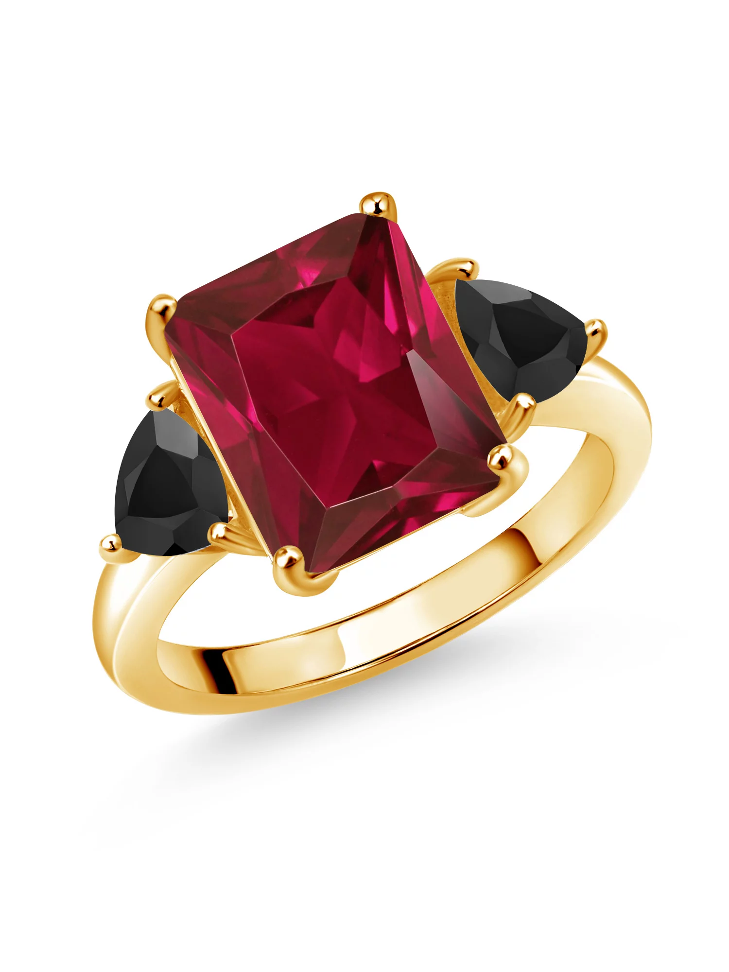 Gem Stone King 18K Yellow Gold Plated Silver Red Created Ruby and Black Onyx 3 Stone Ring For Women (6.42 Cttw, Octagon 12X10MM, Trillion 5X5MM, Gemstone July Birthstone, Size 8)