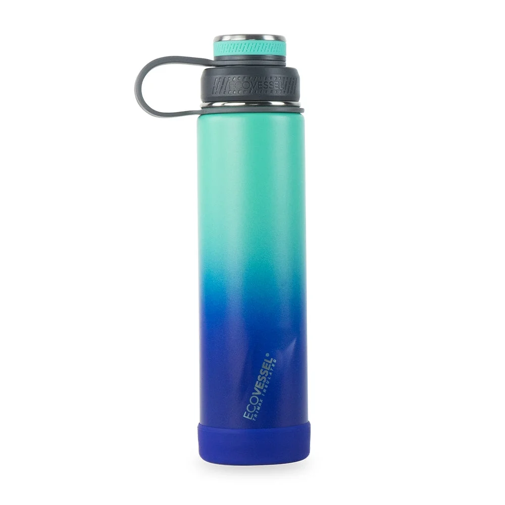 EcoVessel Boulder TriMax? Insulated Stainless Steel Water Bottle with Reflecta? Insulated Dual Lid, Strainer and Silicone Bottle Bumper – 24 oz (Ombre Galactic Ocean)